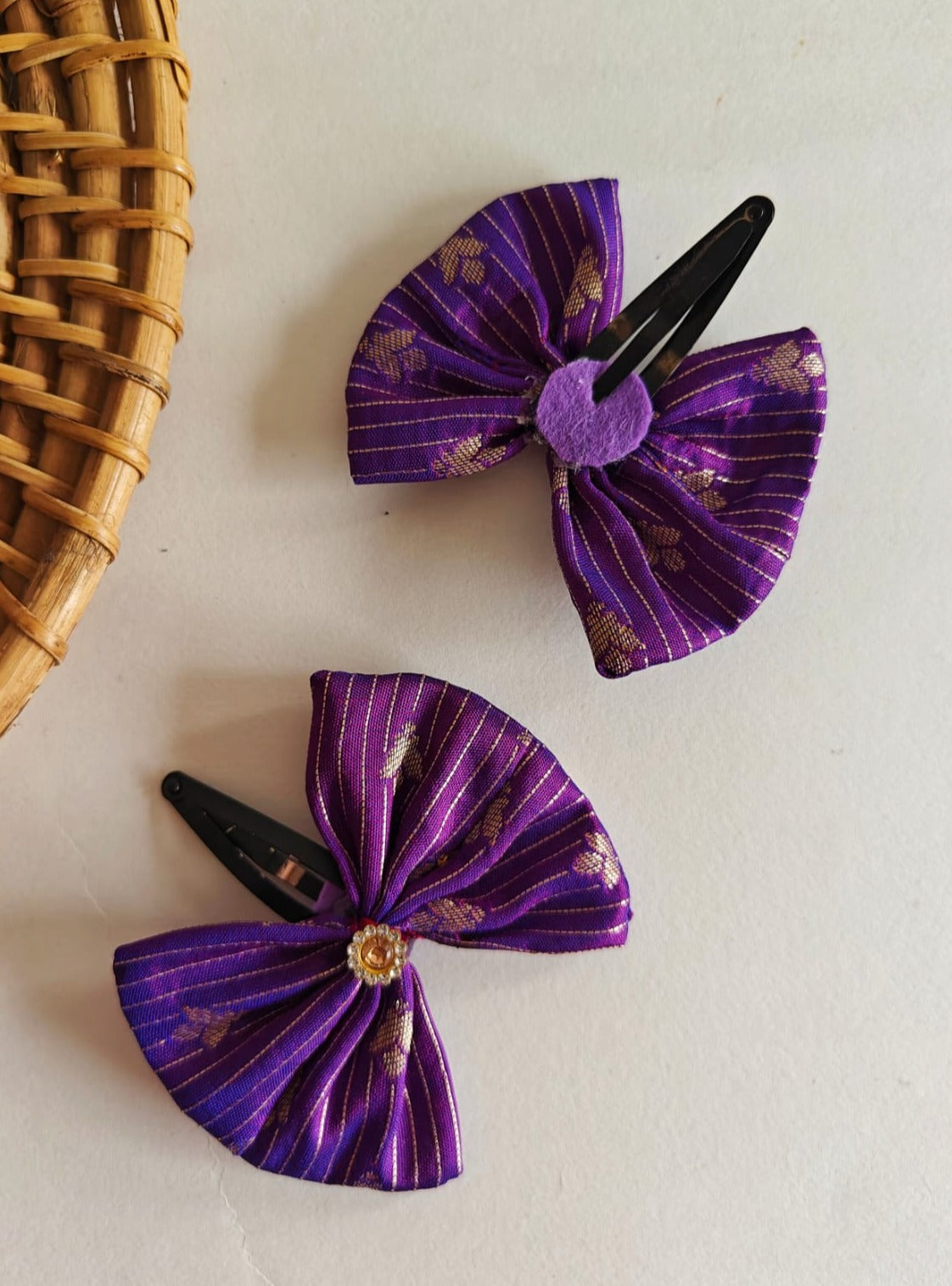 Purple Set of two brocade fabric bow tic tac clips for Girls Pair these clips with any partywear, Festive or even casual wear and get going.