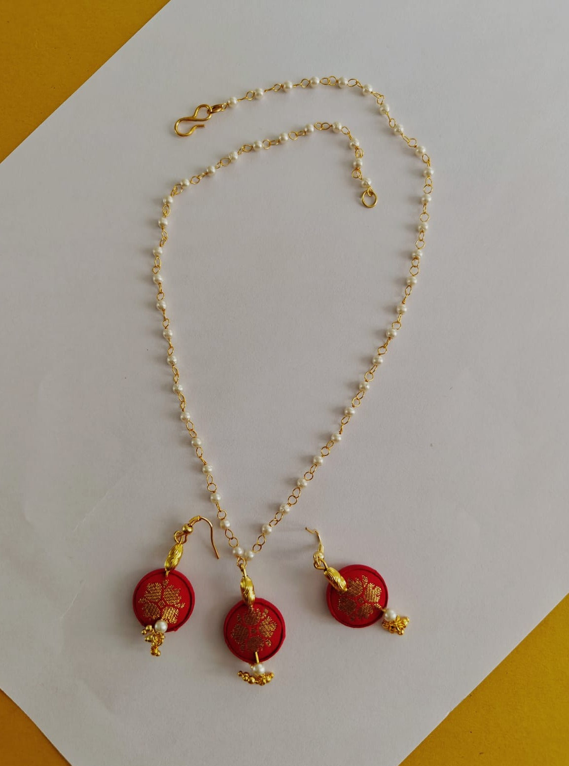 Accessories gifts fancy traditional ethnic for kids trendy handmade fabric accessories brocade handcrafted matching assorted mix n match pearl multicolour metal golden party wear beaded glass beads trendy gold plated earrings pendant