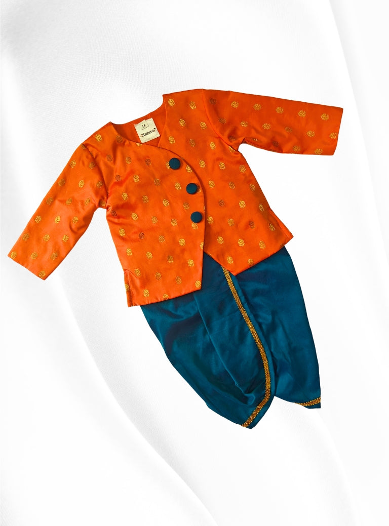 Tejas Set Orange brocade silk overlap kurta and Teal blue cotton sil