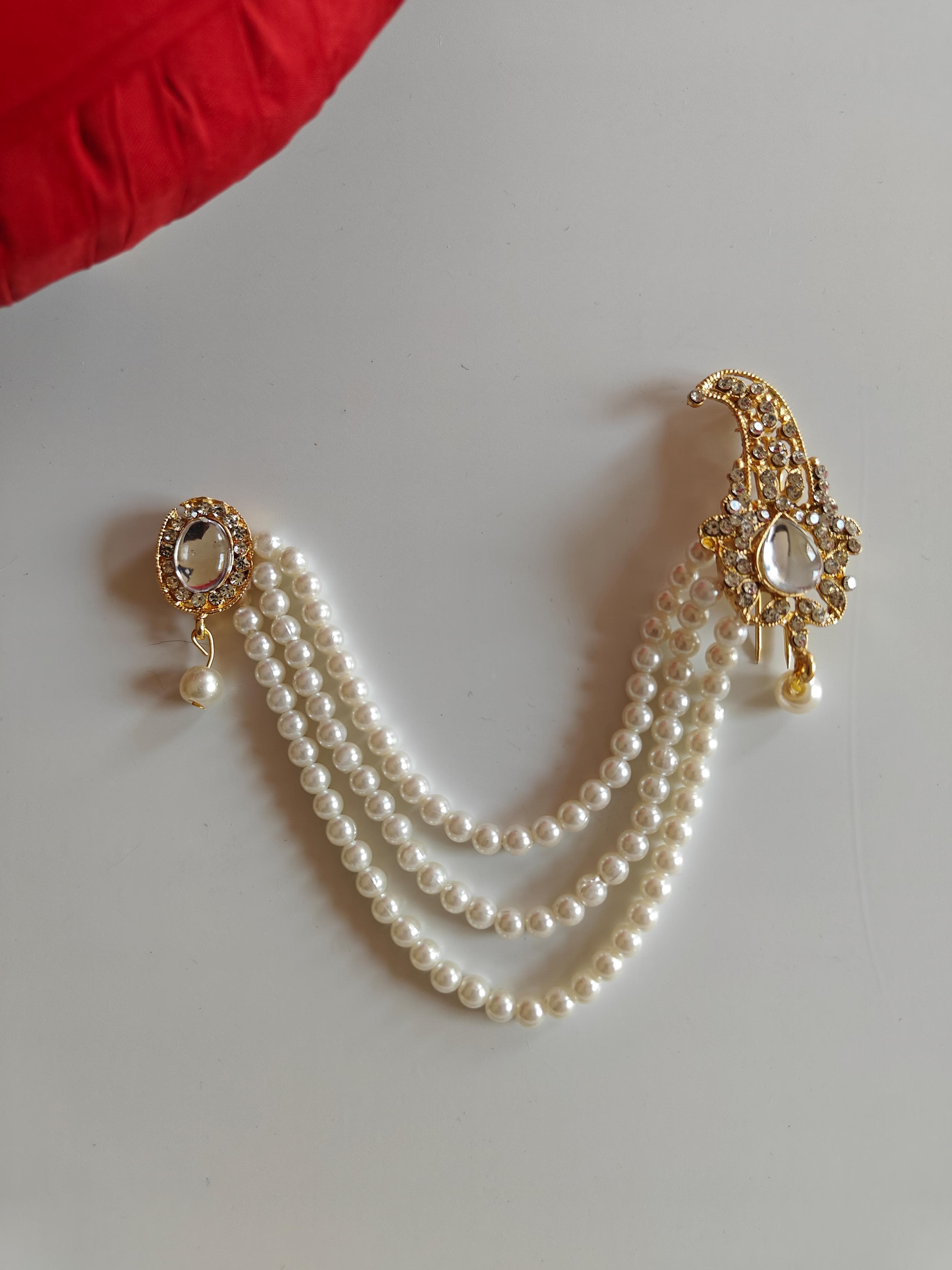 White stones small sized Brooch with Pearls Maala Pagadi attachment for Batu\Groom