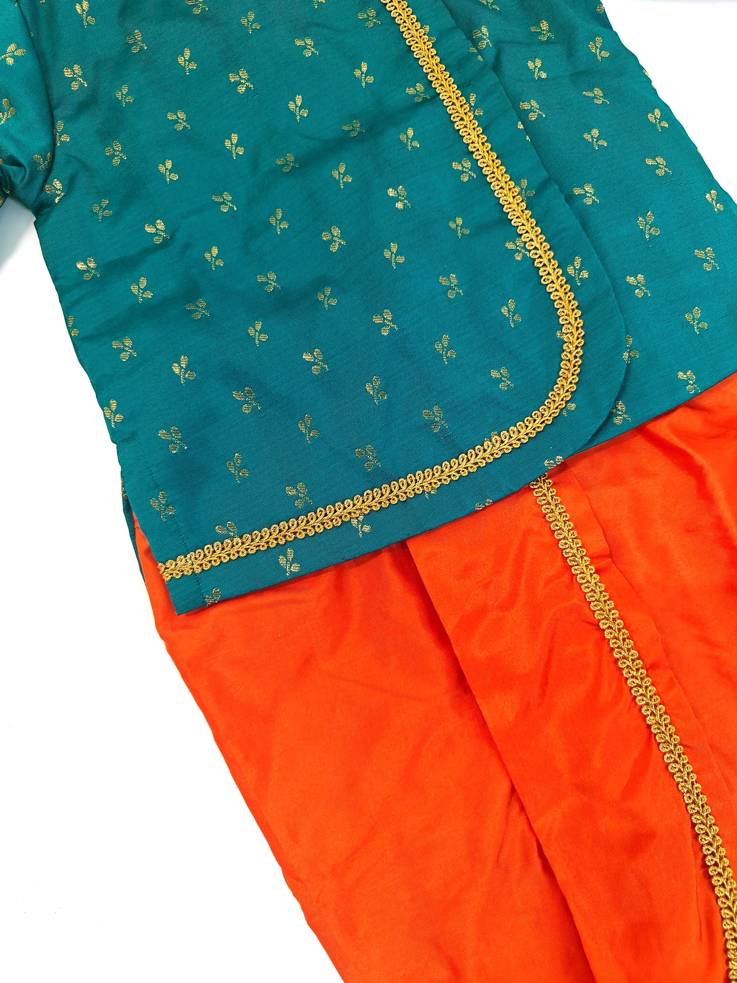 Hemant Set - Peacock Green brocade silk kurta , Orange cotton silk dhoti set for a baby boy