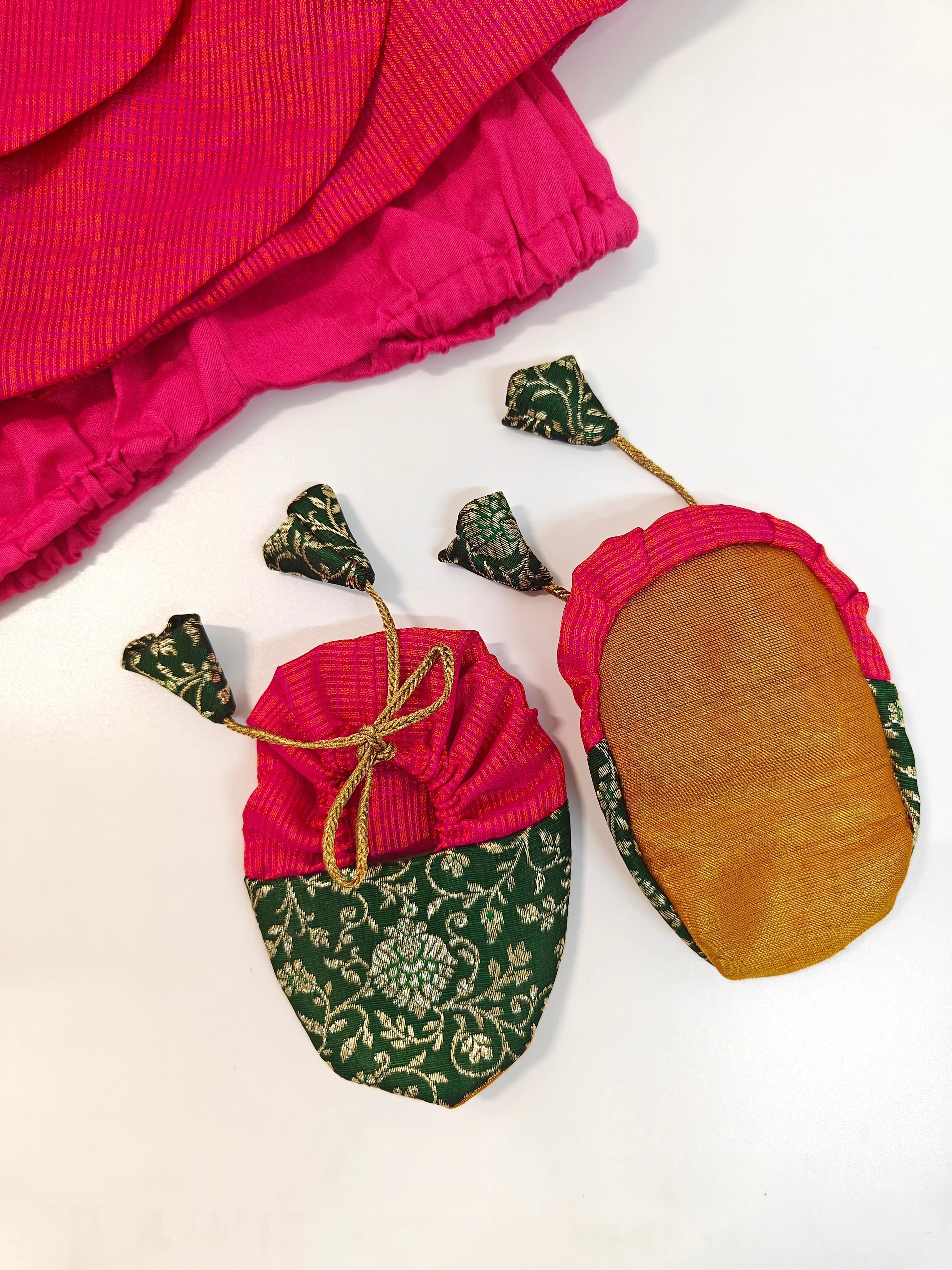 Arnaa Set - Bottle Green Banarasi brocade bodice and Pink kotta silk open layered flair naming ceremony dress dress with bloomer ,headband and booties for a newborn baby girls