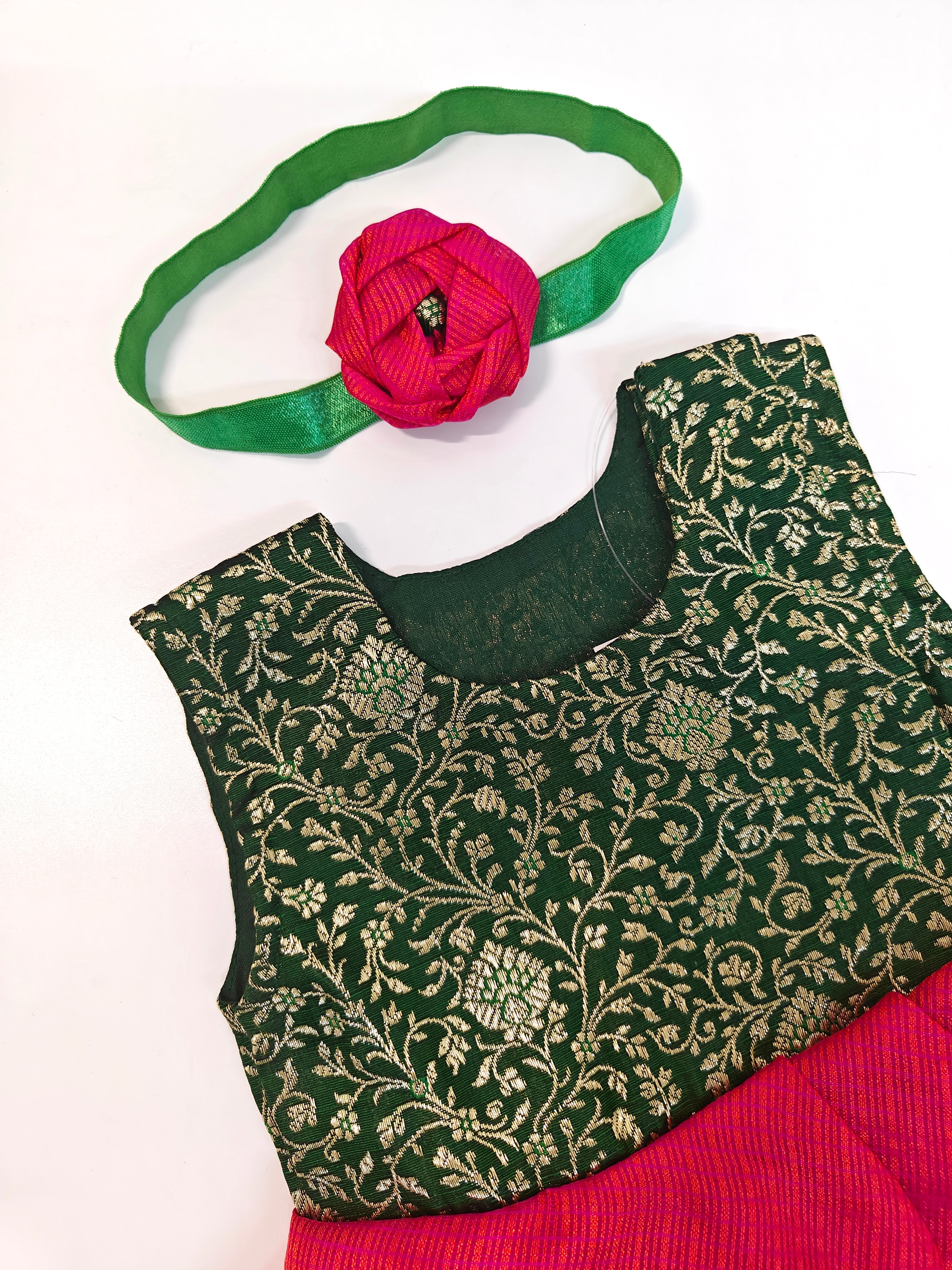 Arnaa Set - Bottle Green Banarasi brocade bodice and Pink kotta silk open layered flair naming ceremony dress dress with bloomer ,headband and booties for a newborn baby girls