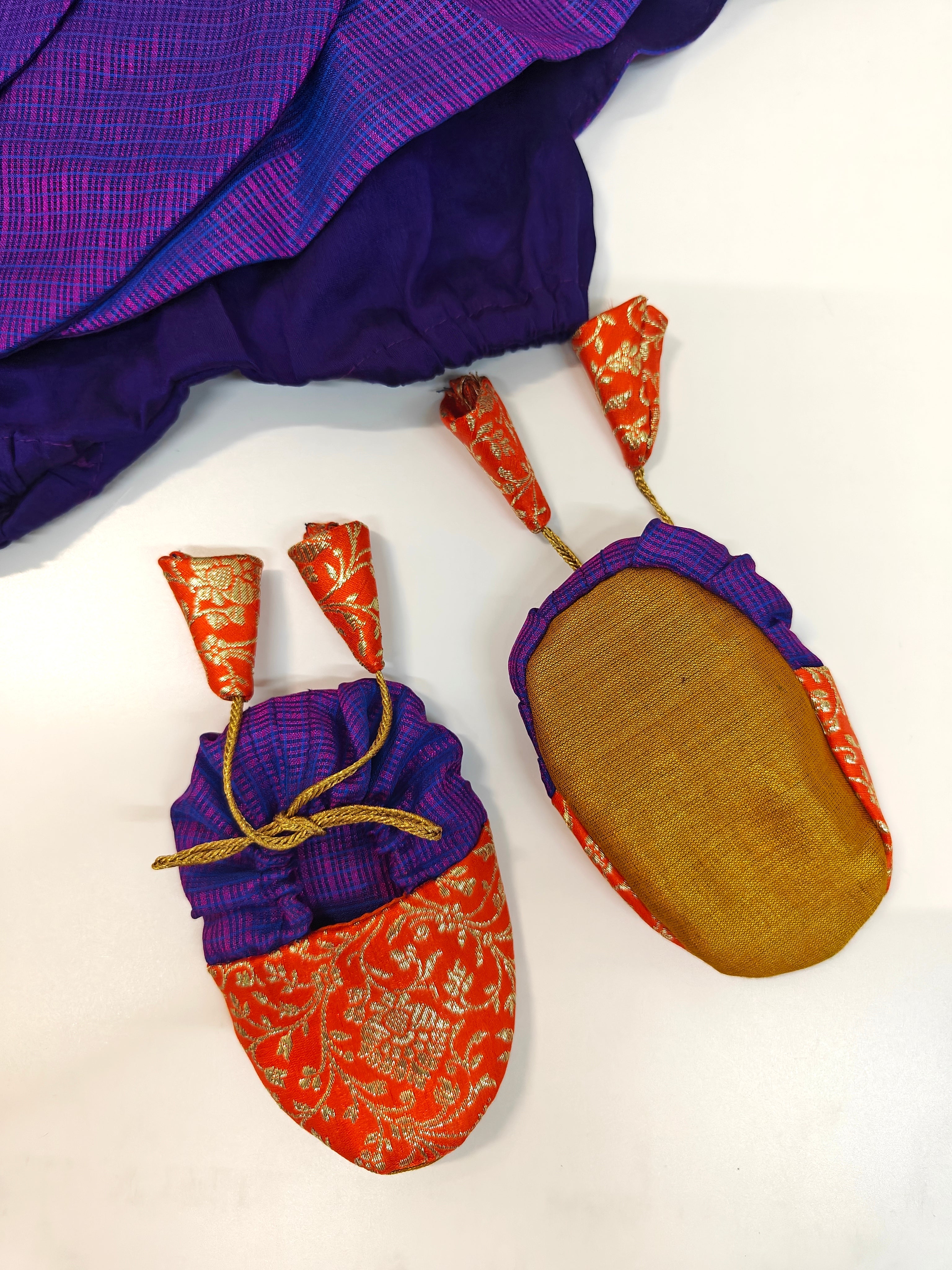 Arnaa Set - Orange Banarasi brocade bodice and Purple kotta silk open layered flair naming ceremony dress dress with bloomer ,headband and booties for a newborn baby girls