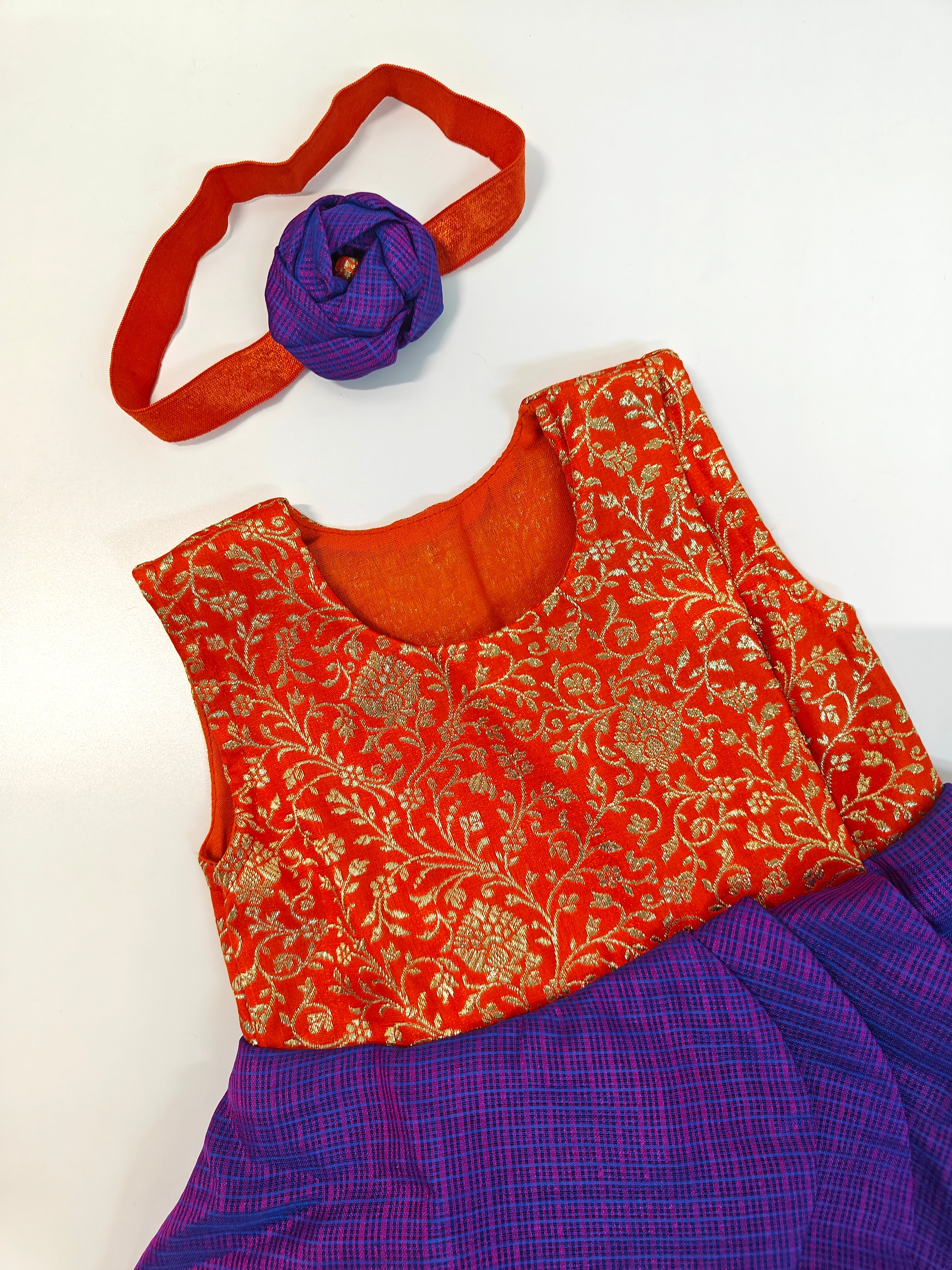Arnaa Set - Orange Banarasi brocade bodice and Purple kotta silk open layered flair naming ceremony dress dress with bloomer ,headband and booties for a newborn baby girls