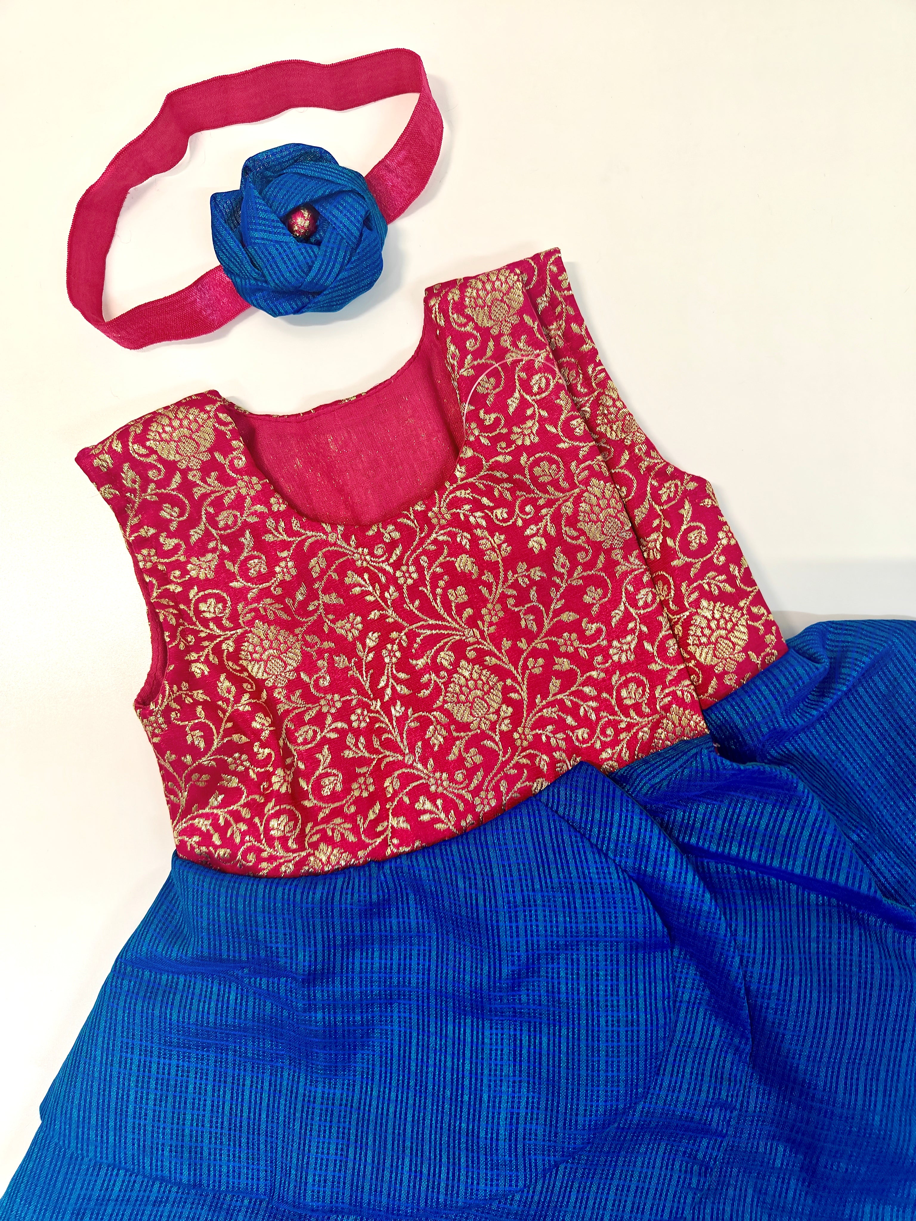 Arnaa Set - Pink Banarasi brocade bodice and Blue kotta silk open layered flair naming ceremony dress dress with bloomer ,headband and booties for a newborn baby girls