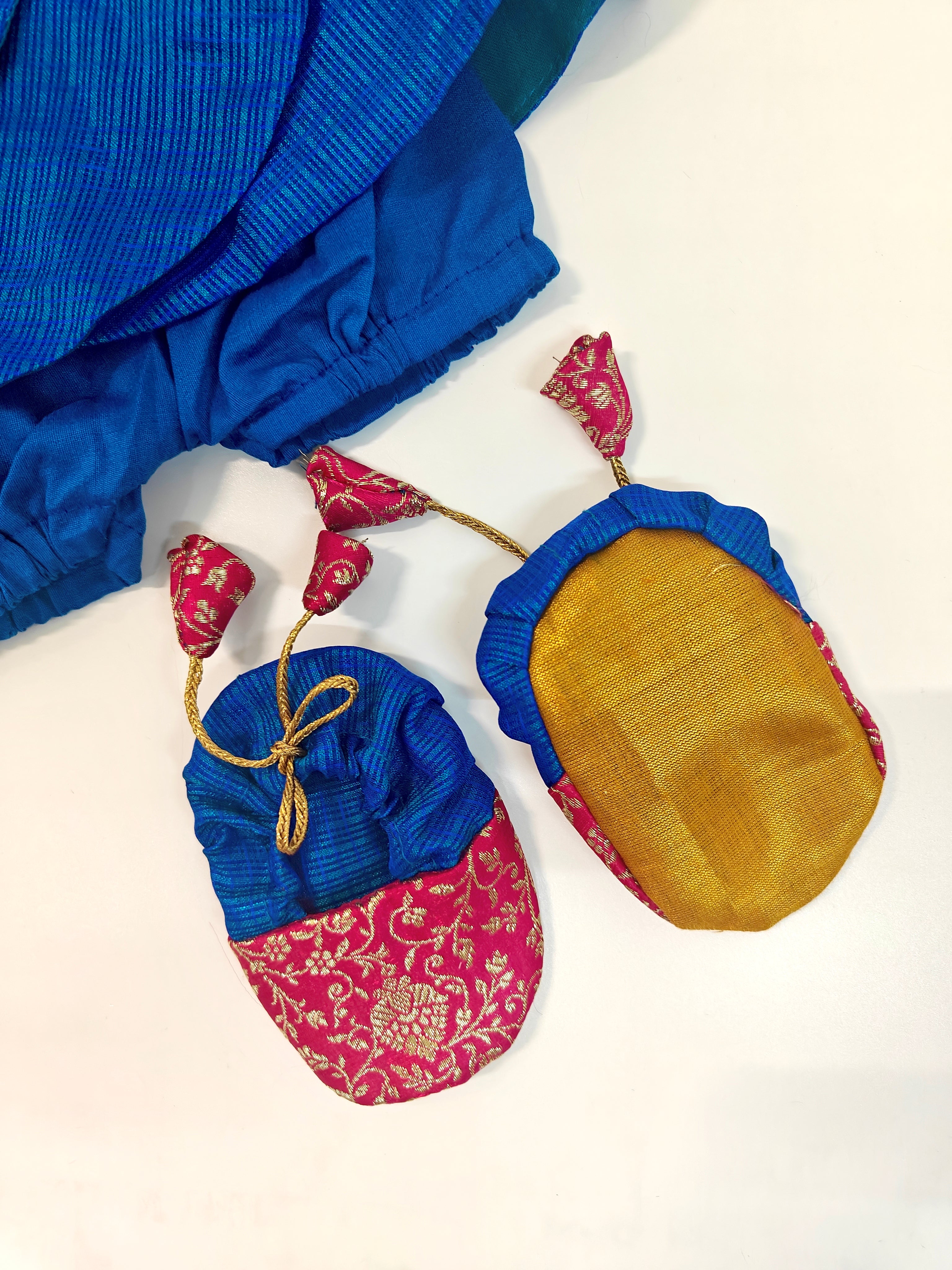 Arnaa Set - Pink Banarasi brocade bodice and Blue kotta silk open layered flair naming ceremony dress dress with bloomer ,headband and booties for a newborn baby girls