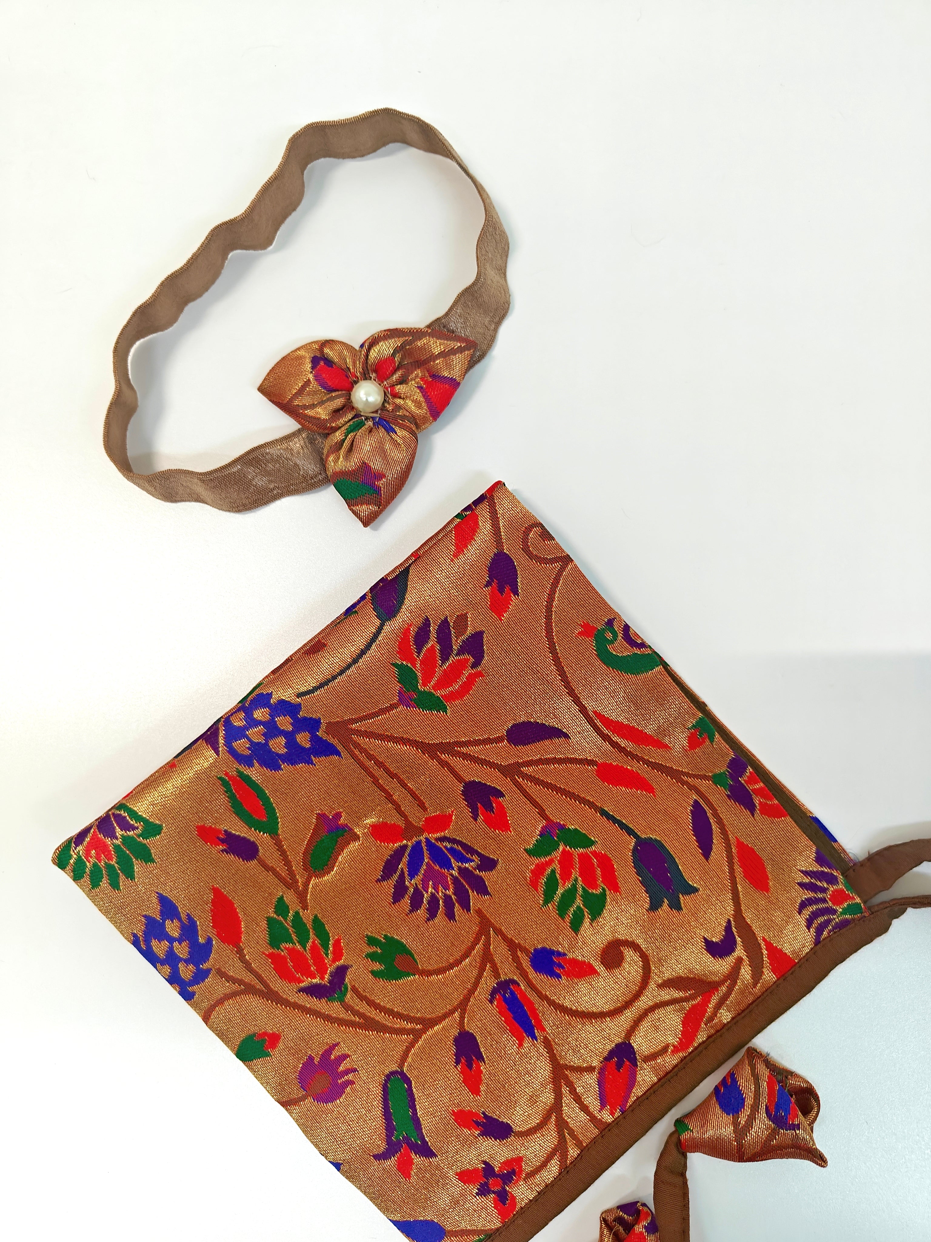 Premium quality Paithani brocade Naming Ceremony Essentials Combo for Baby Girl.All these Handcrafted accessories for Newborn are perfect add ons to any traditional attire of the baby.Designer baby mats,set of generic bloomers are other naming ceremony essentials.