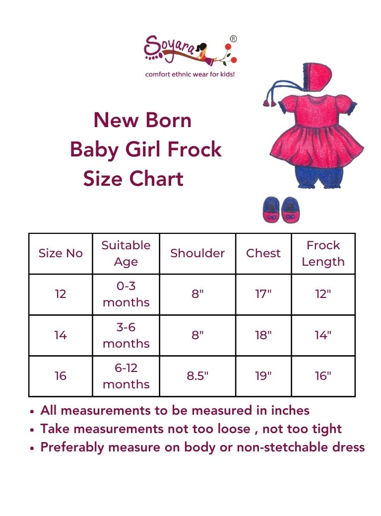 Baby girl frock size chart with measurements and a sample dress illustration on a white background.