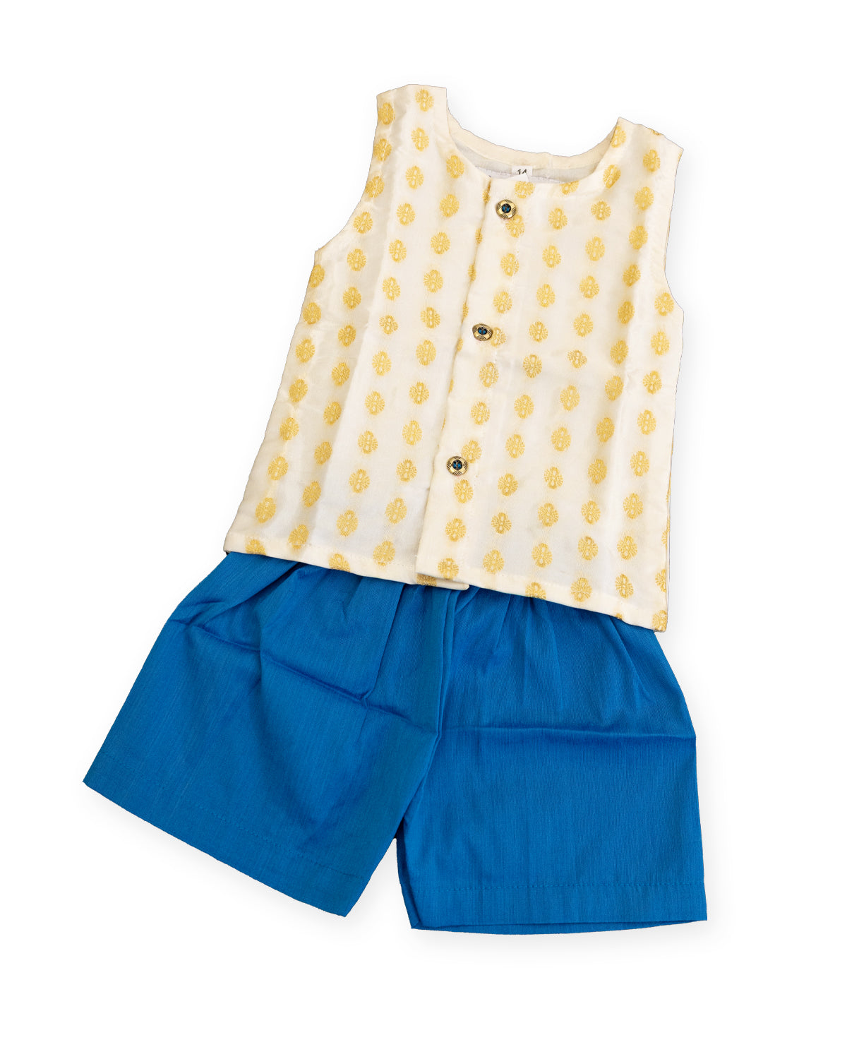 Daksh Set - Ivory brocade silk sleeveless vest with a blue cotton silk elastic waist short pants for newborn boy