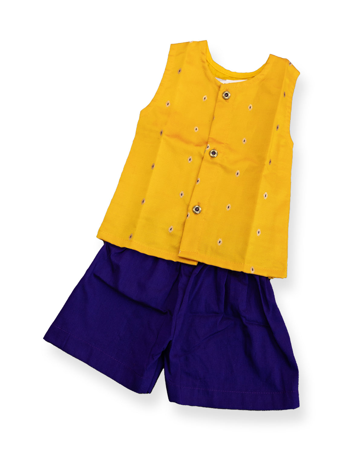 Daksh Set - Yellow taffeta silk sleeveless vest with a royal blue cotton silk elastic waist short pants for newborn boy