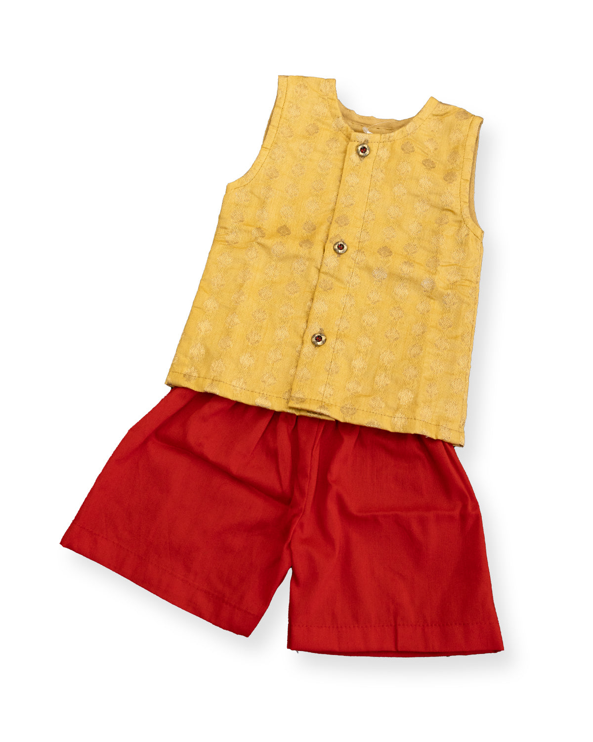 Daksh Set - Yellow Golden brocade silk sleeveless vest with a red cotton silk elastic waist short pants for newborn baby boy