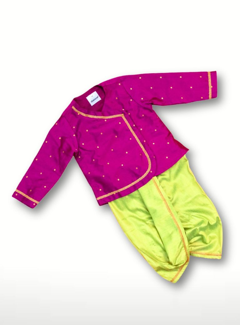 Hemant Set - Magenta and Lime Green brocade silk kurta , cotton silk dhoti for a baby boy