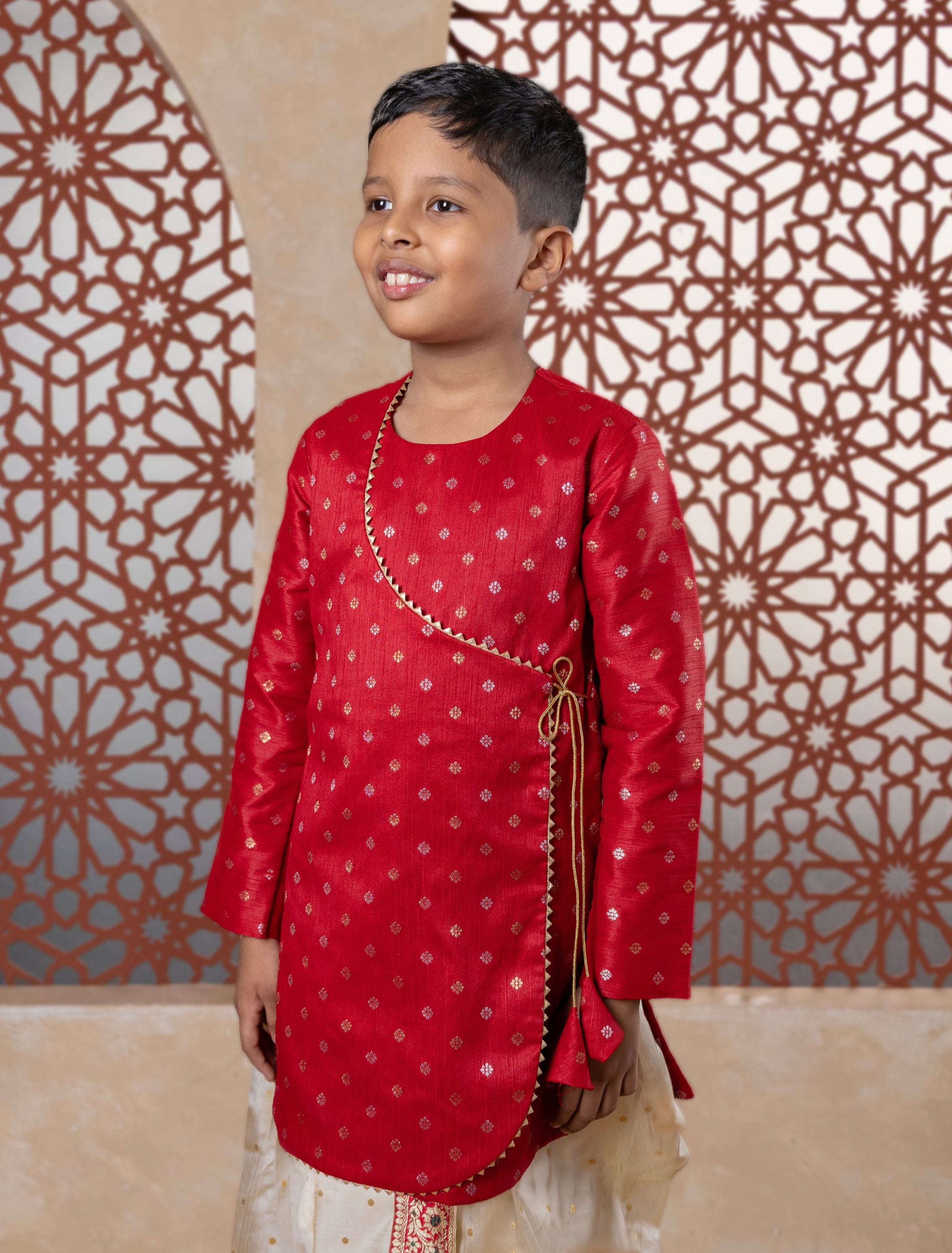 Maroon raw silk angarakha kurta with gotta patti overlap and golden tie knots with beautiful latkans for Batu