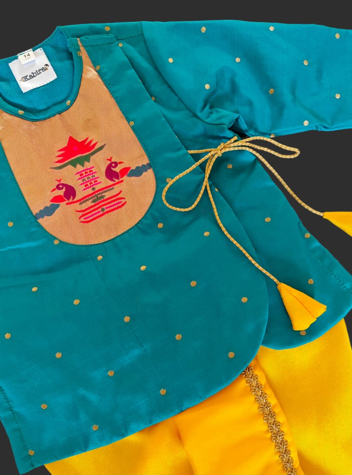 Peacock Green brocade Angrakha kurta with Paithani yoke teamed with contrast yellow dhoti for newborn baby boy.It's the perfect outfit for your baby's naming ceremony,naamkaran,annaprashan ceremony.Traditional dress for Noolukettu Ceremony,Pachavi Puja,cradle ceremony,Rice Ceremony,Chatti Puja etc. Apt gifting idea