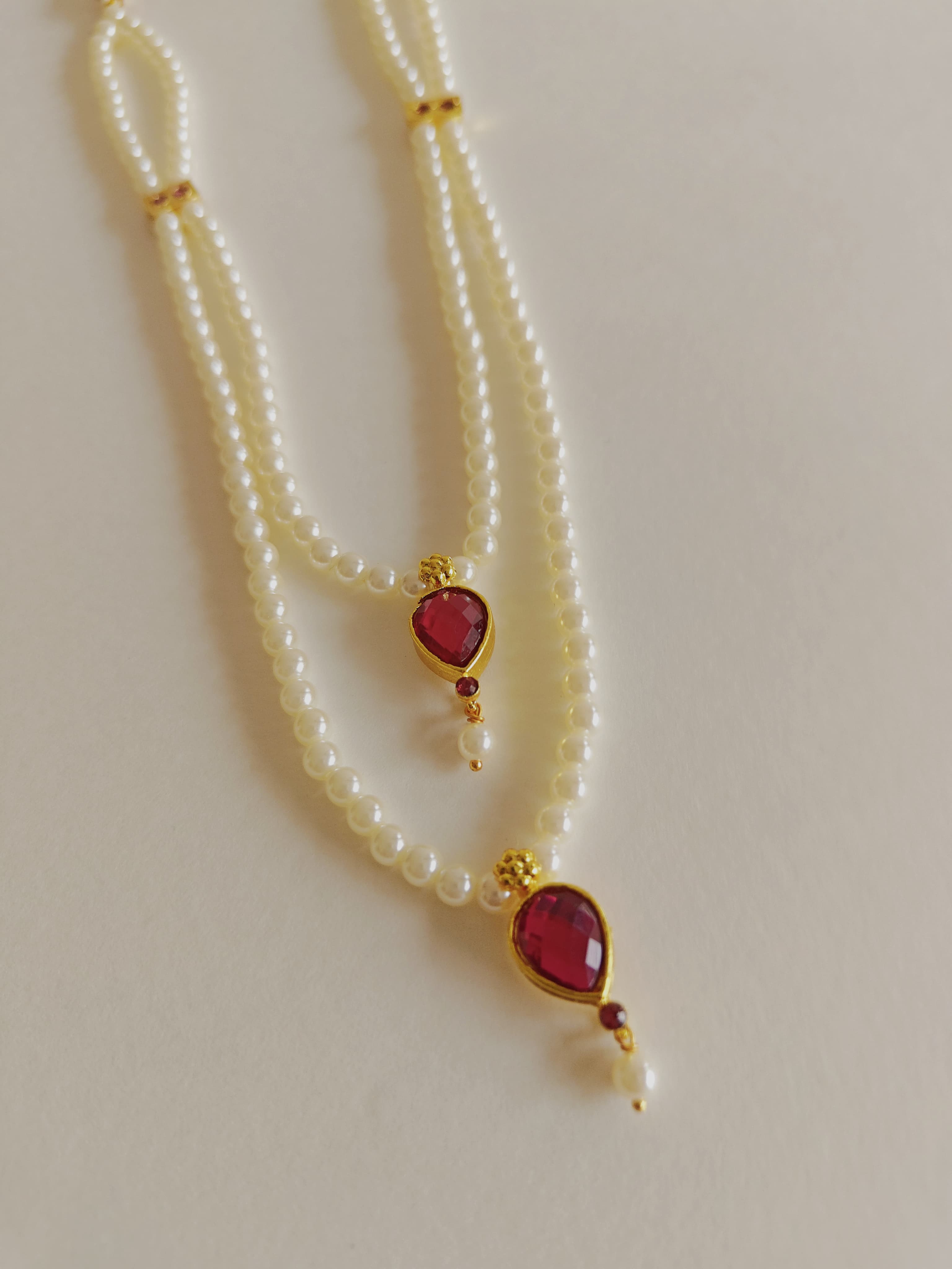 Semi-cultured double layer pearls necklace with Karwari Drop shaped Pink Stone Pendant for Girls