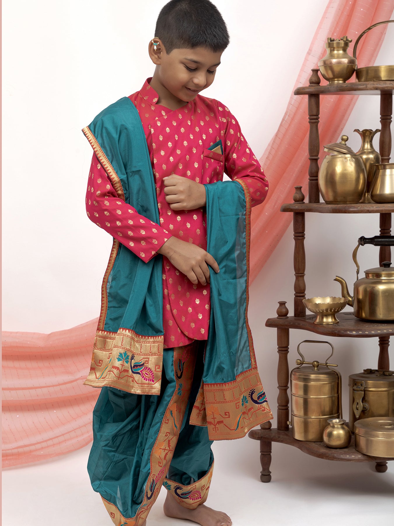 Aqua Green Mysore silk Sovale Uparane Set With Fuchsia Brocade Silk Kurta