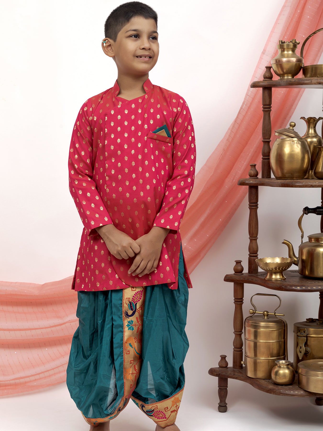Aqua Green Mysore silk Sovale Uparane Set With Fuchsia Brocade Silk Kurta