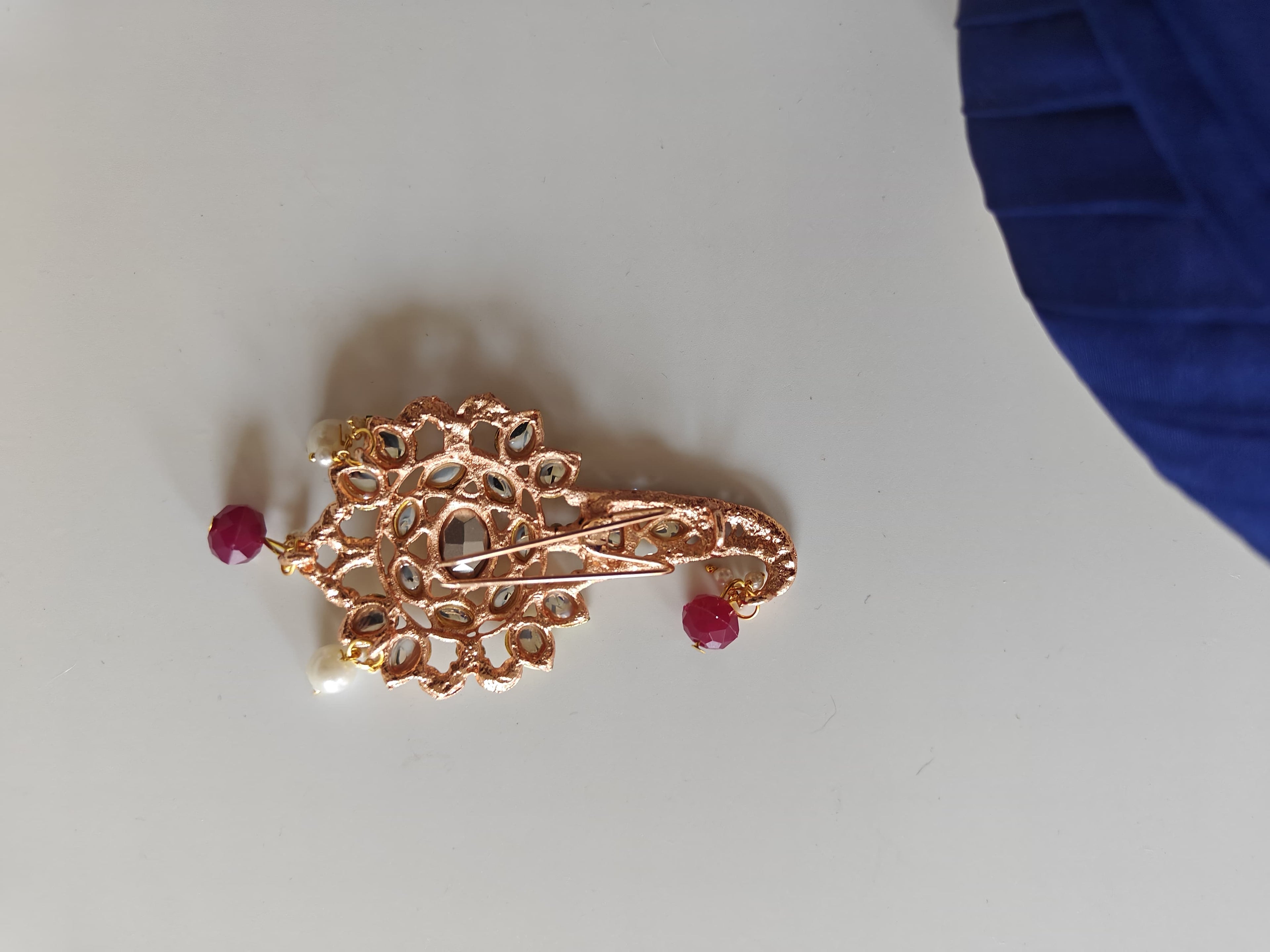 White stones and jadau kundan pagadi brooch with Ruby pink beads for Batu\Groom