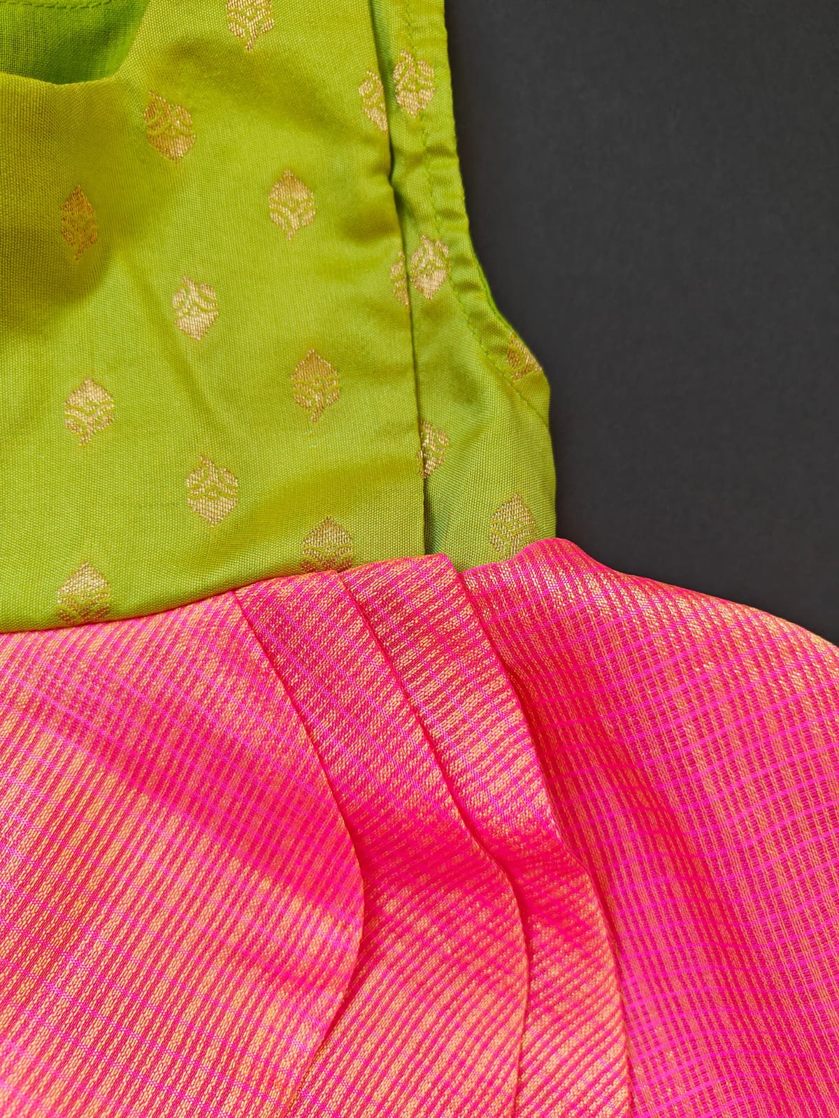 Lime Green soft brocade & pink front open layered dress with bloomer,headband,booties for a newborn baby girl.It's the perfect outfit for your baby's naming ceremony,naamkaran or annaprashan ceremony.Traditional dress for Noolukettu Ceremony,Pachavi Puja,cradle ceremony,Rice Ceremony,Chatti Puja etc. Apt gifting idea