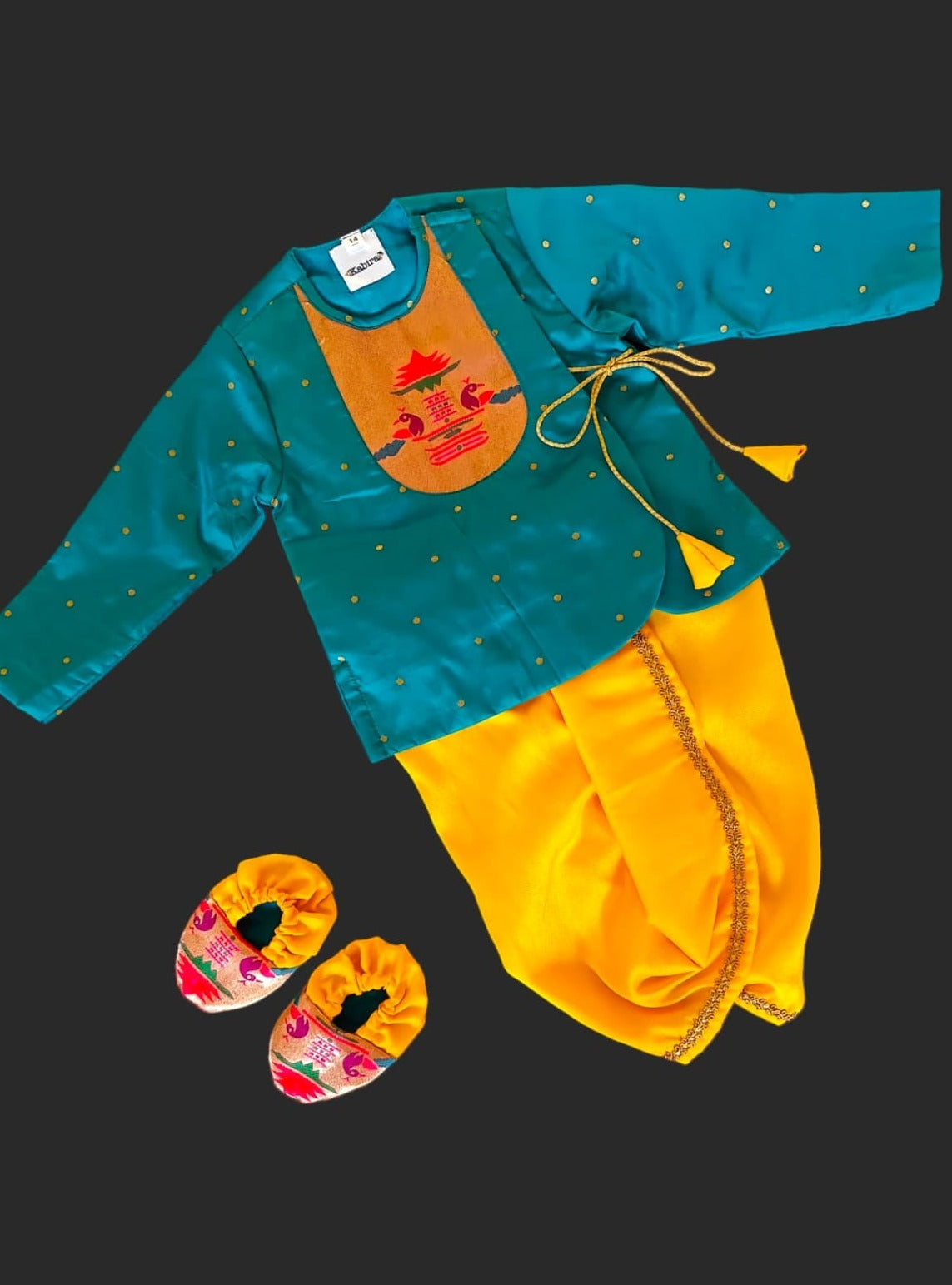 Peacock Green brocade Angrakha kurta with Paithani yoke teamed with contrast yellow dhoti for newborn baby boy.It's the perfect outfit for your baby's naming ceremony,naamkaran,annaprashan ceremony.Traditional dress for Noolukettu Ceremony,Pachavi Puja,cradle ceremony,Rice Ceremony,Chatti Puja etc. Apt gifting idea