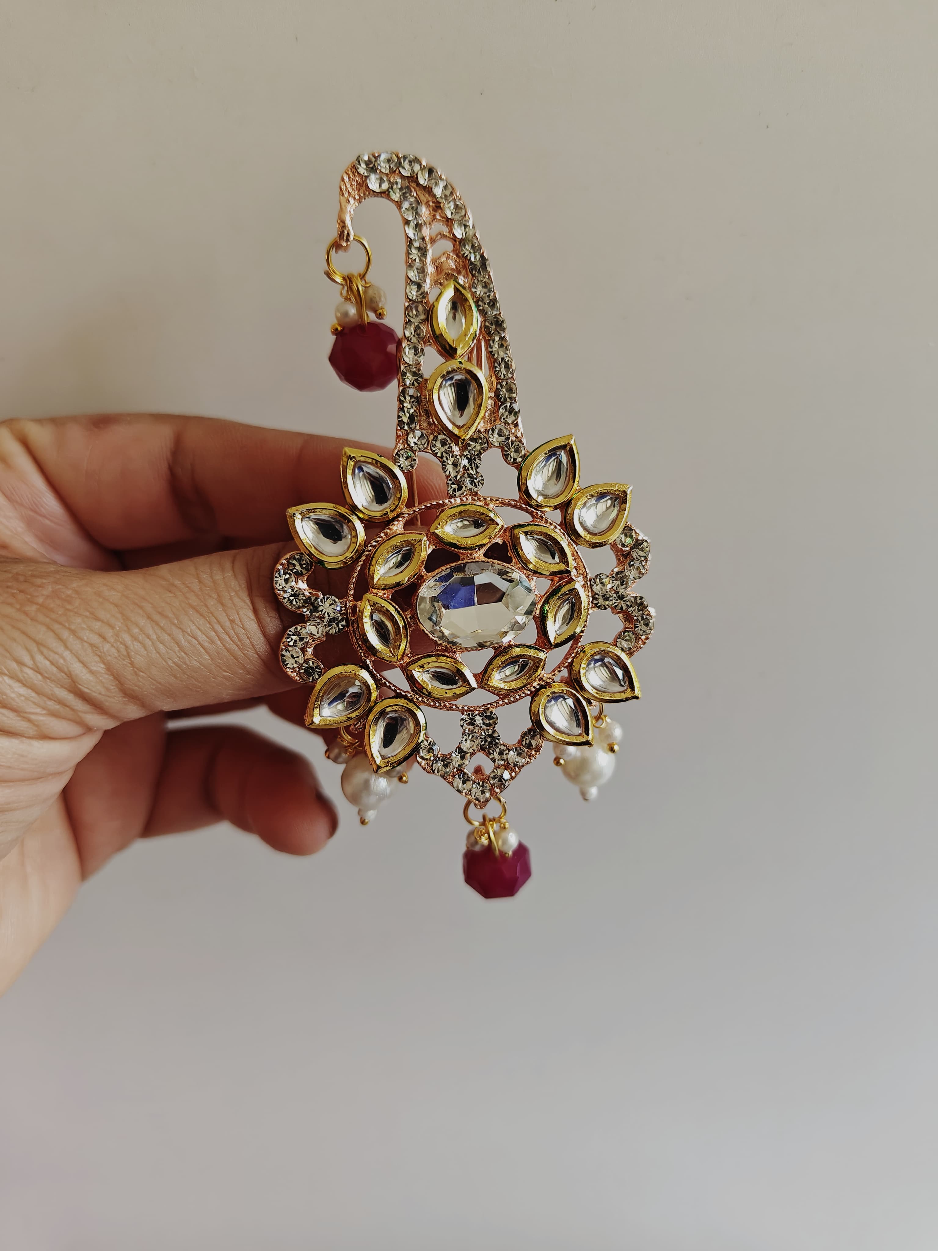White stones and jadau kundan pagadi brooch with Ruby pink beads for Batu\Groom