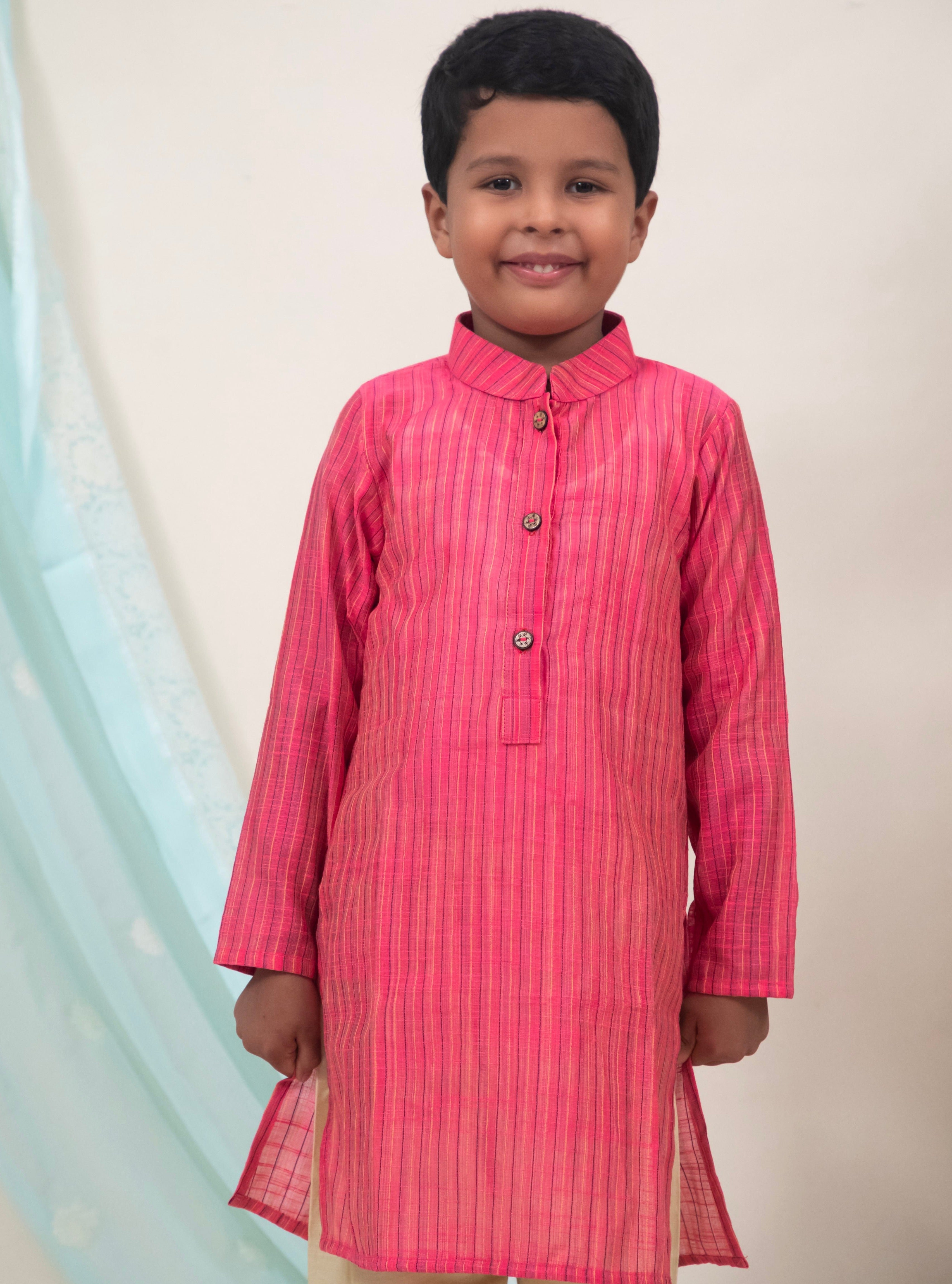 Pink Cotton silk striped regular stand collar kurta.Kurtas with collar or Angarakha pattern teamed with salwar are the best choice for any festive occasion for boys. They are Trendy, Easy to wear and comfortable to carry.