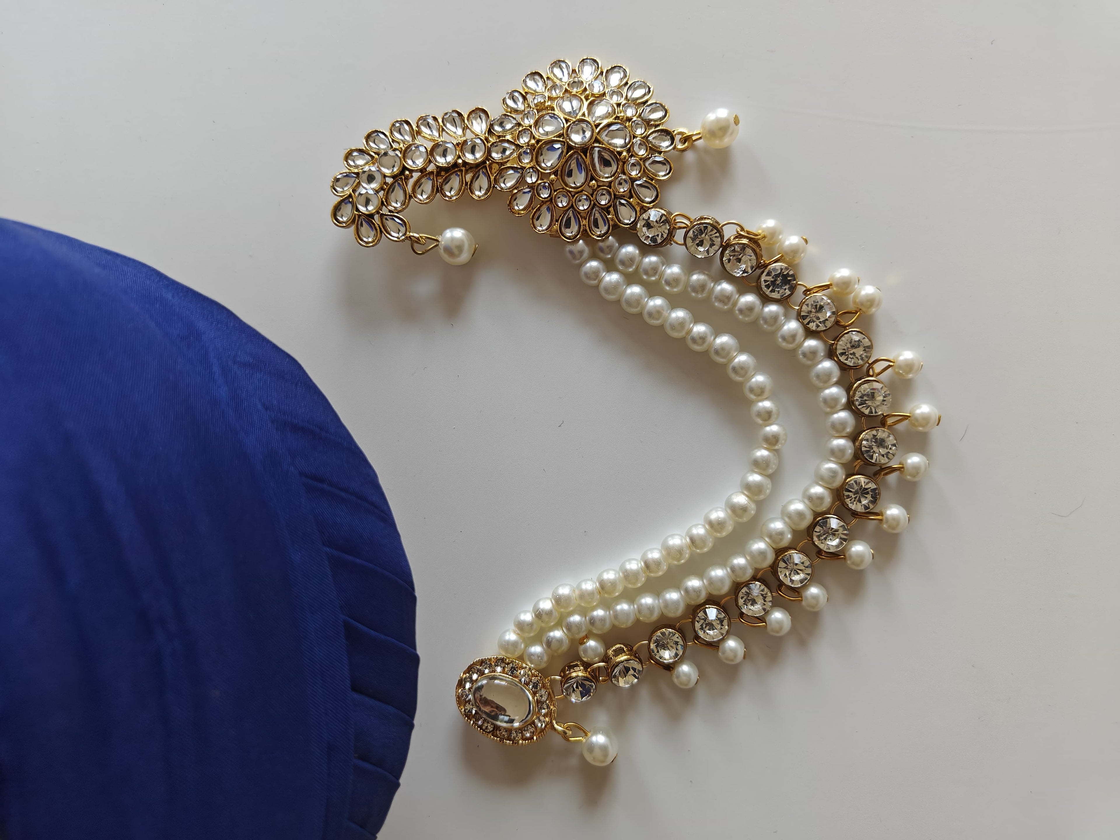 White Kundan big sized  Pagadi Brooch with Pearls and stones Maala attachment for Batu\ Groom
