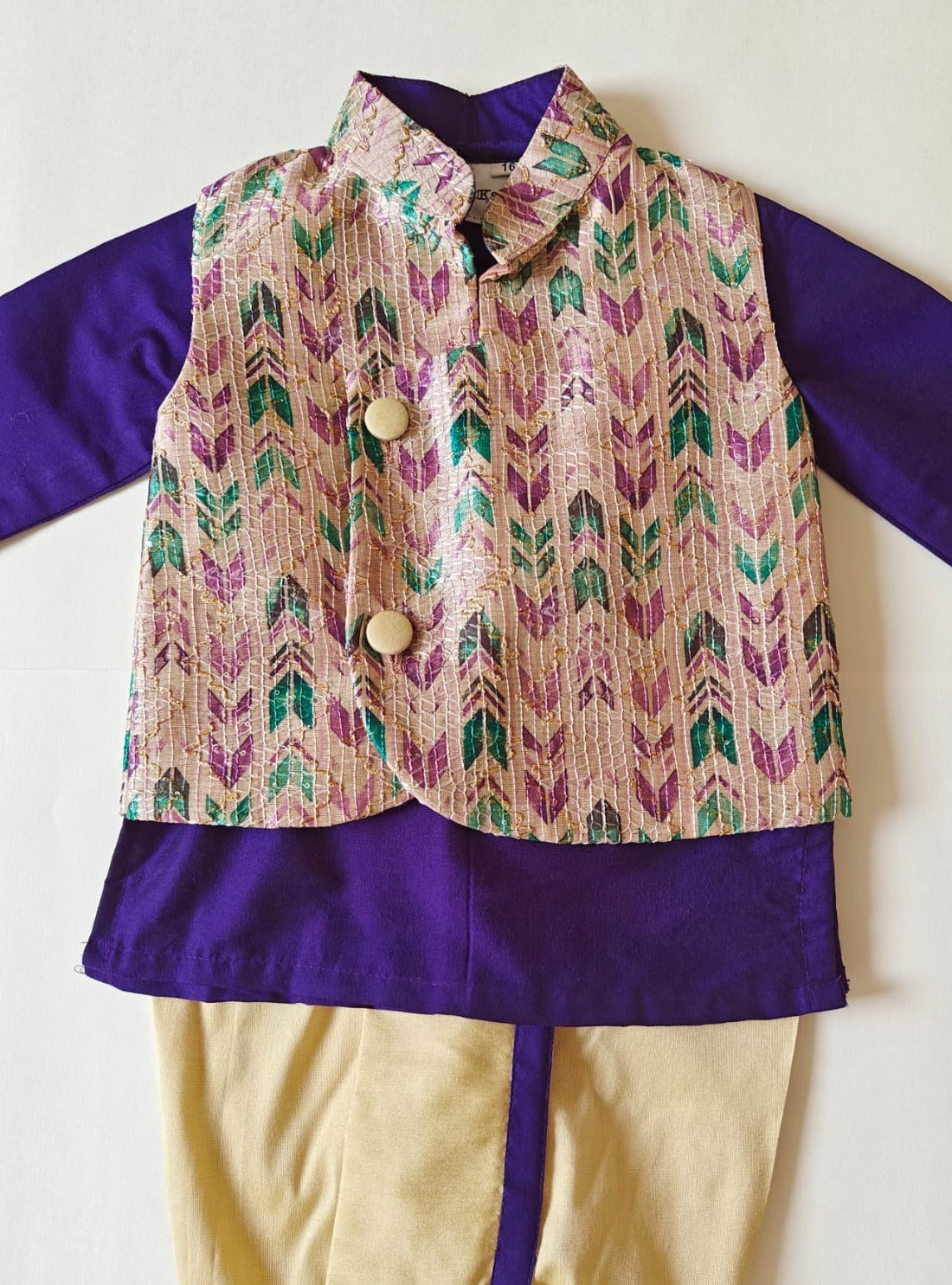 Purple cotton silk round neck kurta, Golden cotton silk dhoti with Tussar silk Jacket for Baby Boy.It's the perfect outfit for your baby's naming ceremony,naamkaran,annaprashan ceremony.Traditional dress for Noolukettu Ceremony,Pachavi Puja,cradle ceremony,Rice Ceremony,Chatti Puja etc. Apt gifting idea