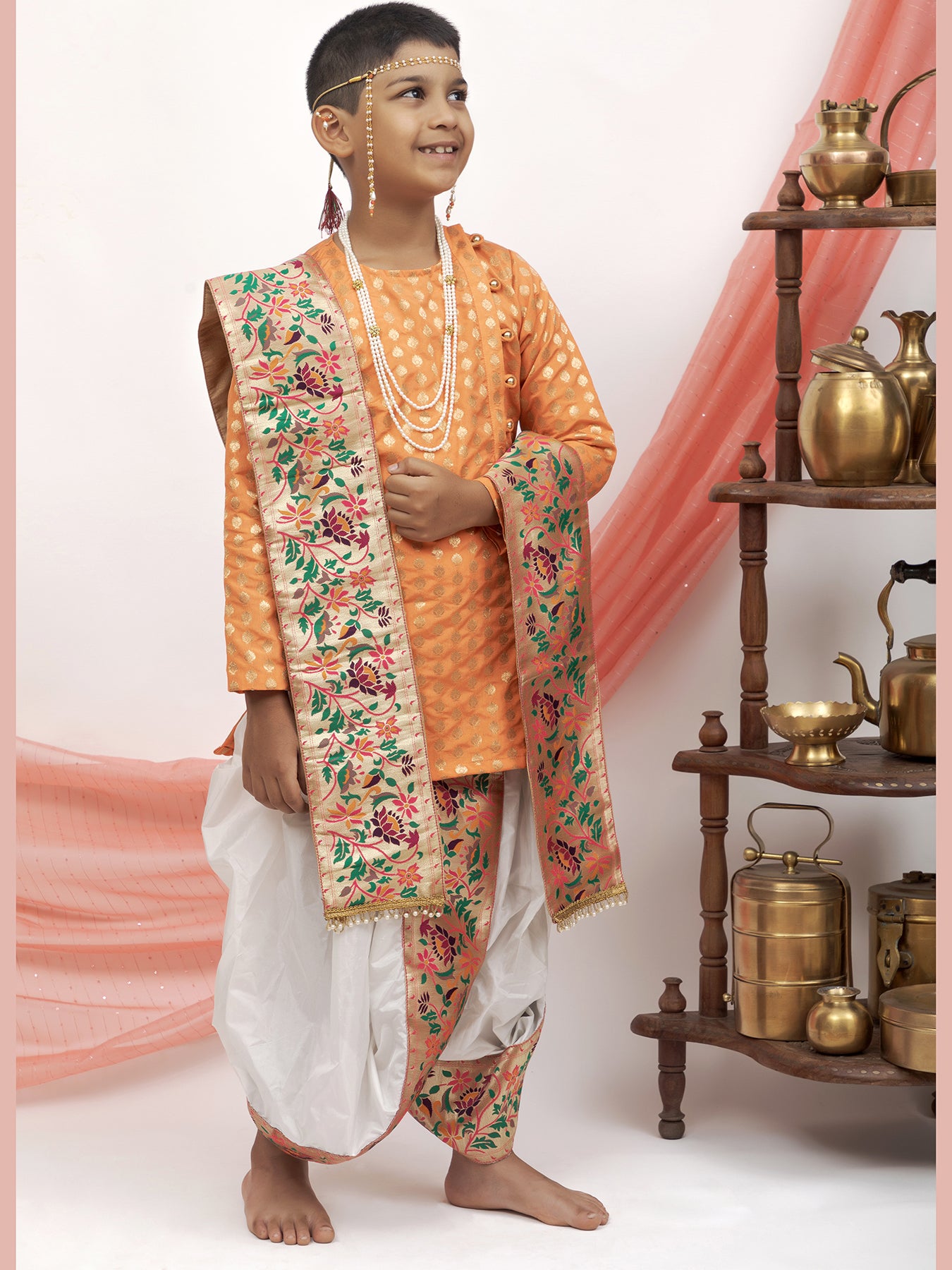 ivory silk Sovale uparane dhoti jari Shawl ethnic traditional dhoti-upavastra pooja dhoti jari gamcha with Paithani jari border for munj thread ceremony vratabandha upanayanam for kids