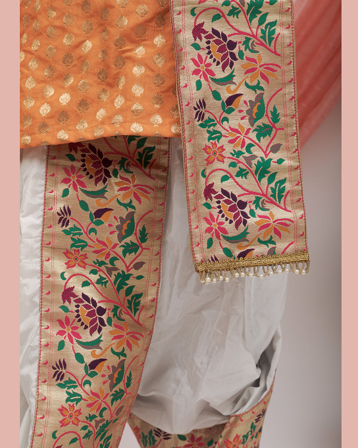 ivory silk Sovale uparane dhoti jari Shawl ethnic traditional dhoti-upavastra pooja dhoti jari gamcha with Paithani jari border for munj thread ceremony vratabandha upanayanam for kids