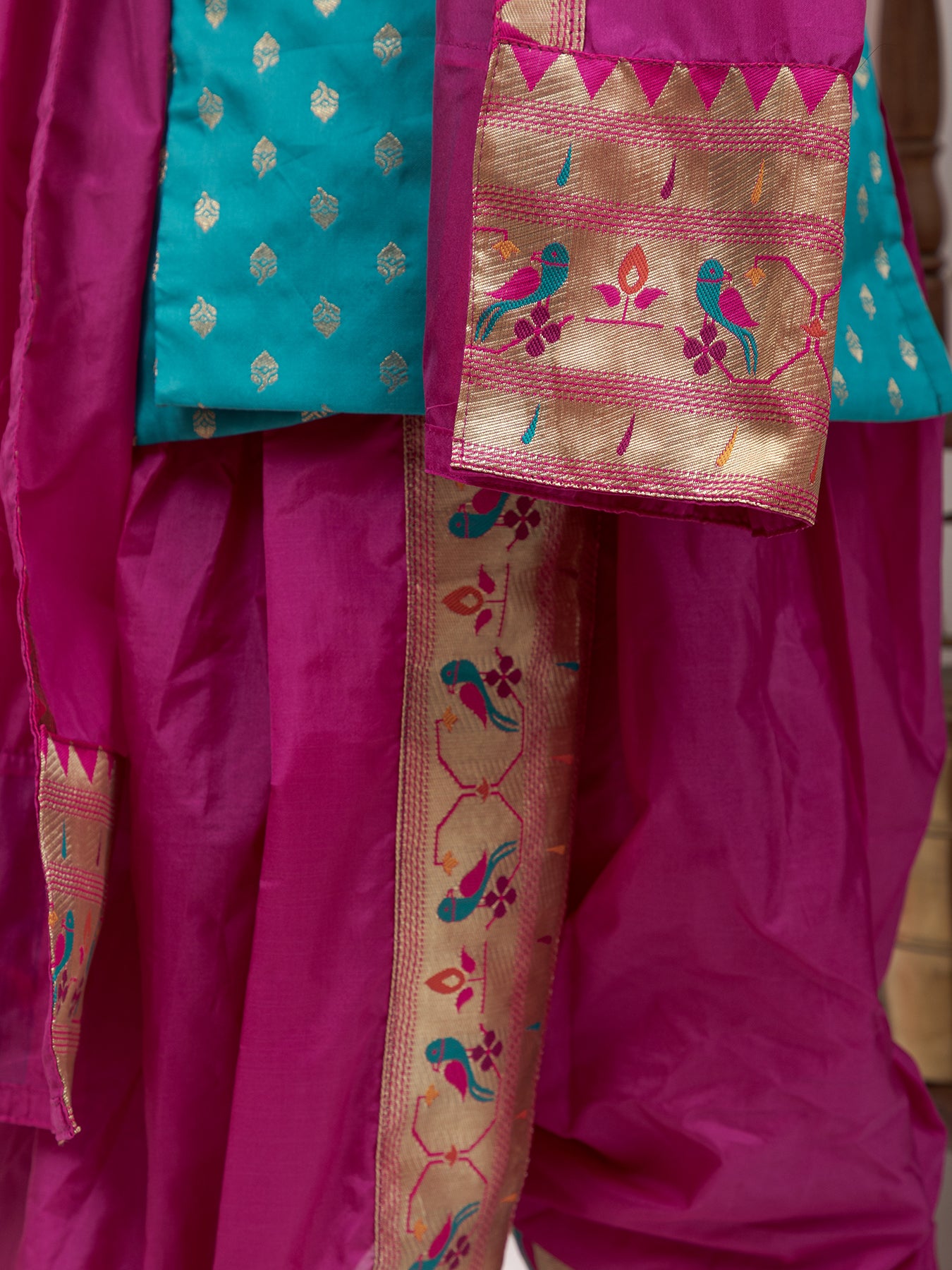 Magenta Mysore Silk Dhoti/Soval/Kad & Shawl/Upran/Shela with Paithani jari Border Set for Batu.Pre-stitched sovale uparane set includes Ready to wear Sovale & Uparane/Upavastra.Can be paired with a short kurta.This Set is ideal for rituals like Matrubhojan,Muhurt during Munj/Upanayan/Vratabandha/Thread Ceremony.