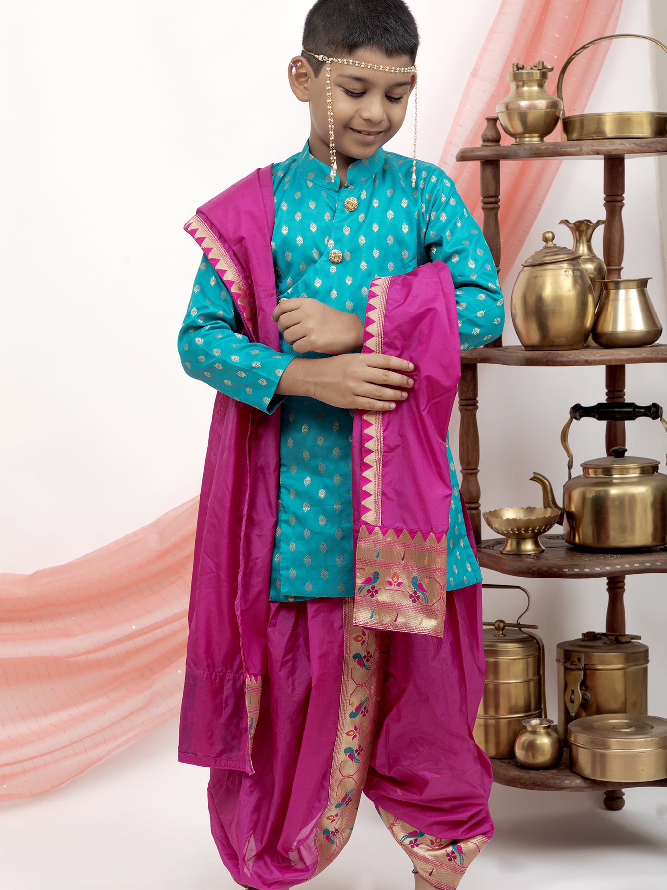 magenta silk Sovale uparane dhoti jari Shawl ethnic traditional dhoti-upavastra pooja dhoti jari gamcha with Paithani jari border for munj thread ceremony vratabandha upanayanam for kids