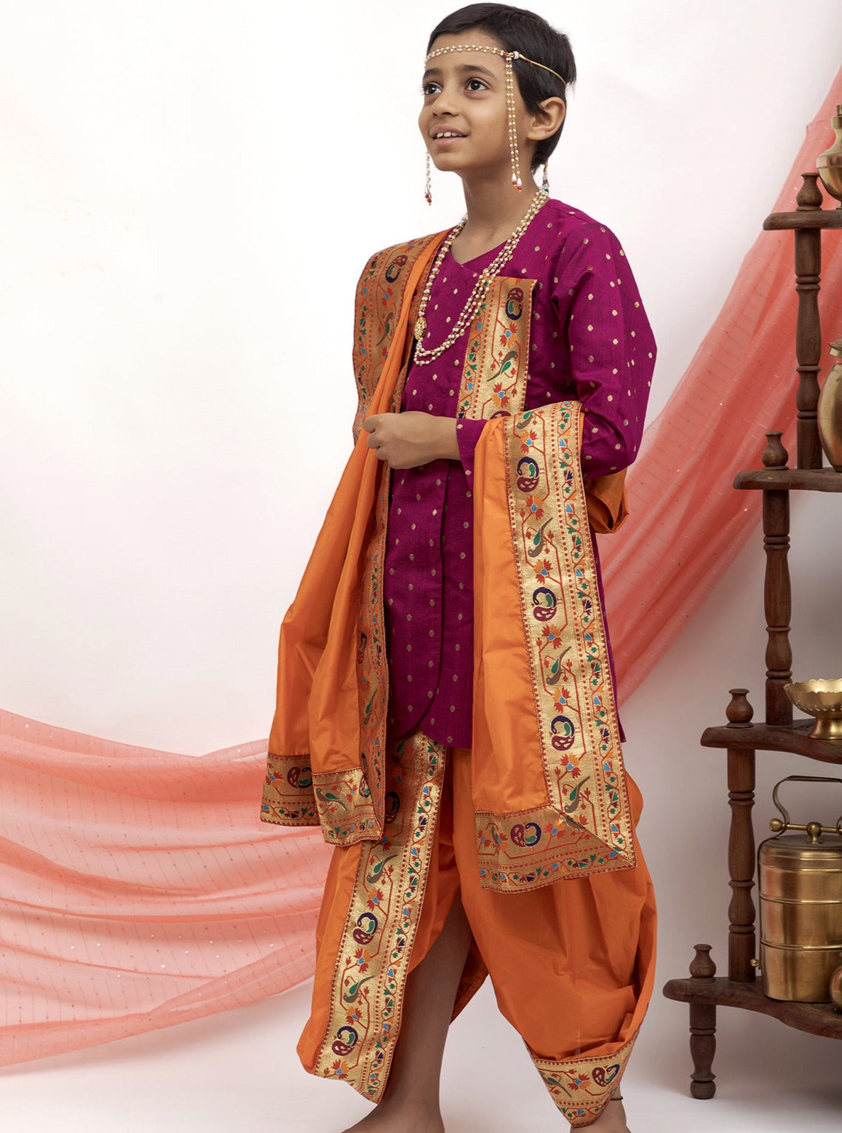 orange silk Sovale uparane dhoti jari Shawl ethnic traditional dhoti-upavastra pooja dhoti jari gamcha with Paithani jari border for munj thread ceremony vratabandha upanayanam for kids