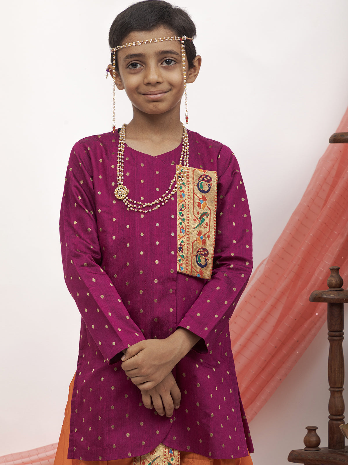 orange silk Sovale uparane dhoti jari Shawl ethnic traditional dhoti-upavastra pooja dhoti jari gamcha with Paithani jari border for munj thread ceremony vratabandha upanayanam for kids