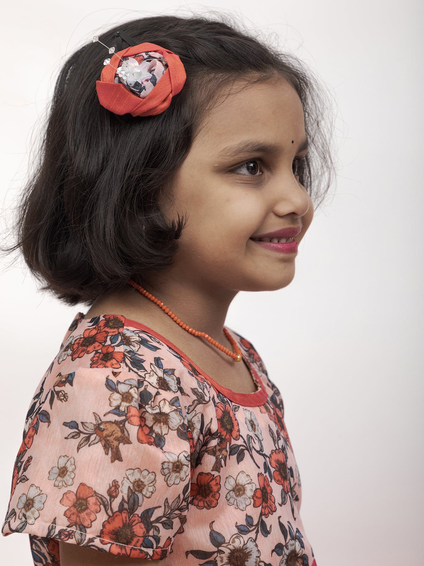 Peach Floral Chanderi Flared Dress With a dainty sequined lace pattern at waist