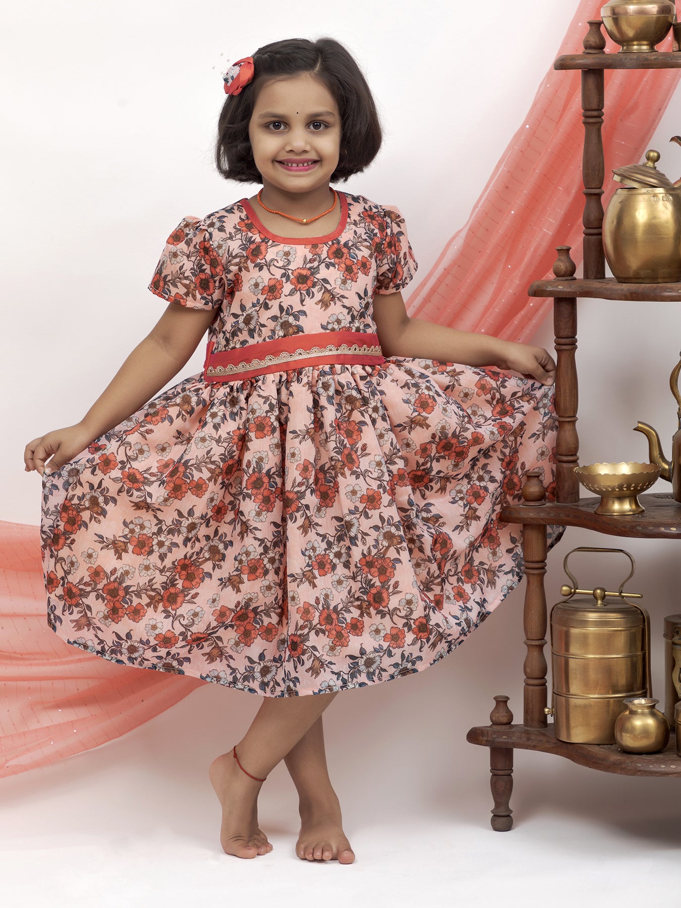 Peach Floral Chanderi Flared Dress With a dainty sequined lace
