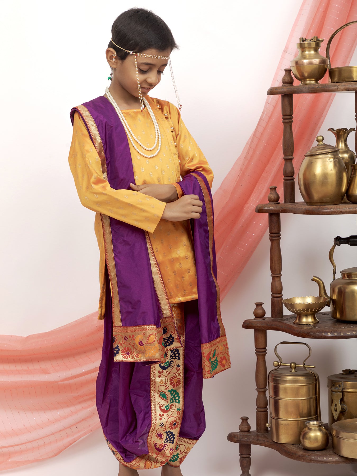 Purple silk Sovale uparane dhoti jari Shawl ethnic traditional dhoti-upavastra pooja dhoti jari gamcha with Paithani jari border for munj thread ceremony vratabandha upanayanam for kids