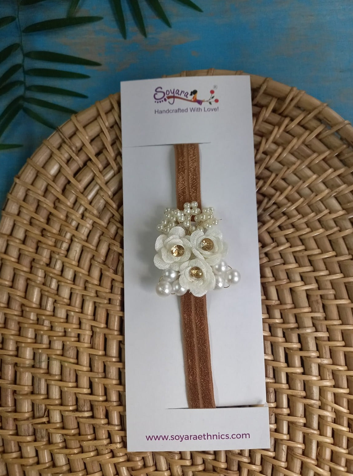 Golden stretchable headband with beautiful Ivory fabric flowers and pearls embellishmentsSilk brocade cotton silk cotton chanderi printed Traditional ethnic Indian new born baby naming ceremony dress naamkaran annaprashan mundan javal namakaran janmashtami rice ceremony ushtavan onam kasau chudakarma Babyboy babygirl bloomer diaper cover bonnet topada head band