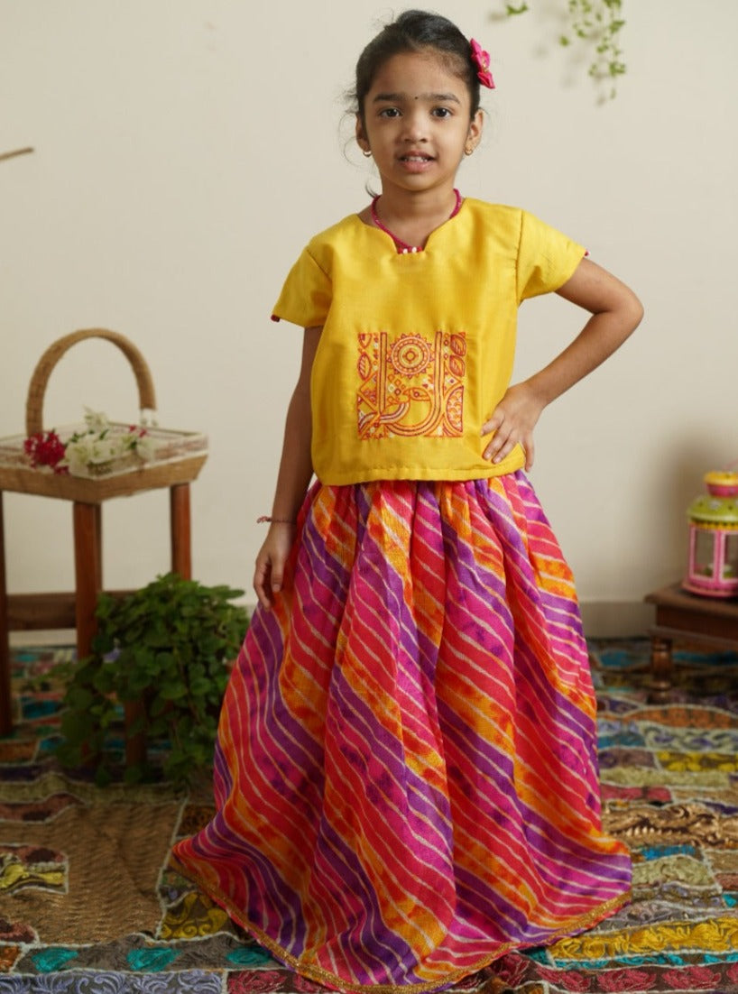 Purple pink yellow leheriya kotta elasticated long skirt with