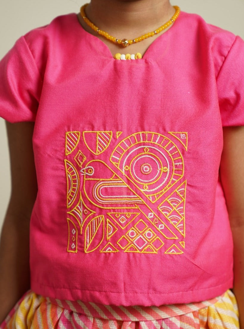 Yellow - Pink leheriya kotta elasticated long skirt with hot pink cotton silk crop top.Let your princess be as comfortable as in her casuals with carefully designed & crafted Comfort Ethnic Wear by Soyara Ethnics.Keep her fashion quotient high with timeless patterns, vibrant combinations and royal textiles.