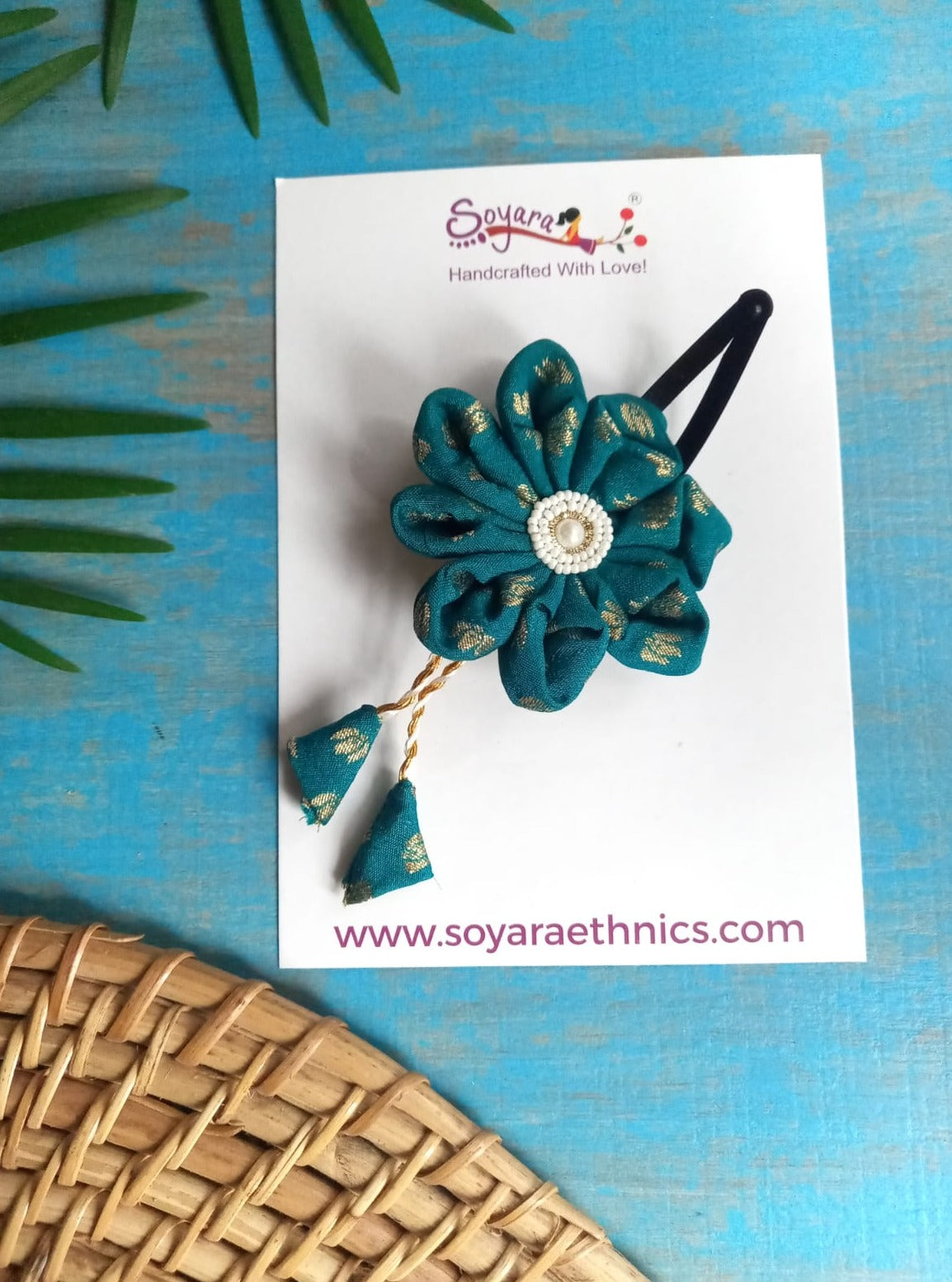 Teal Green Dahlia flower handcrafted hairclip with matching danglers.