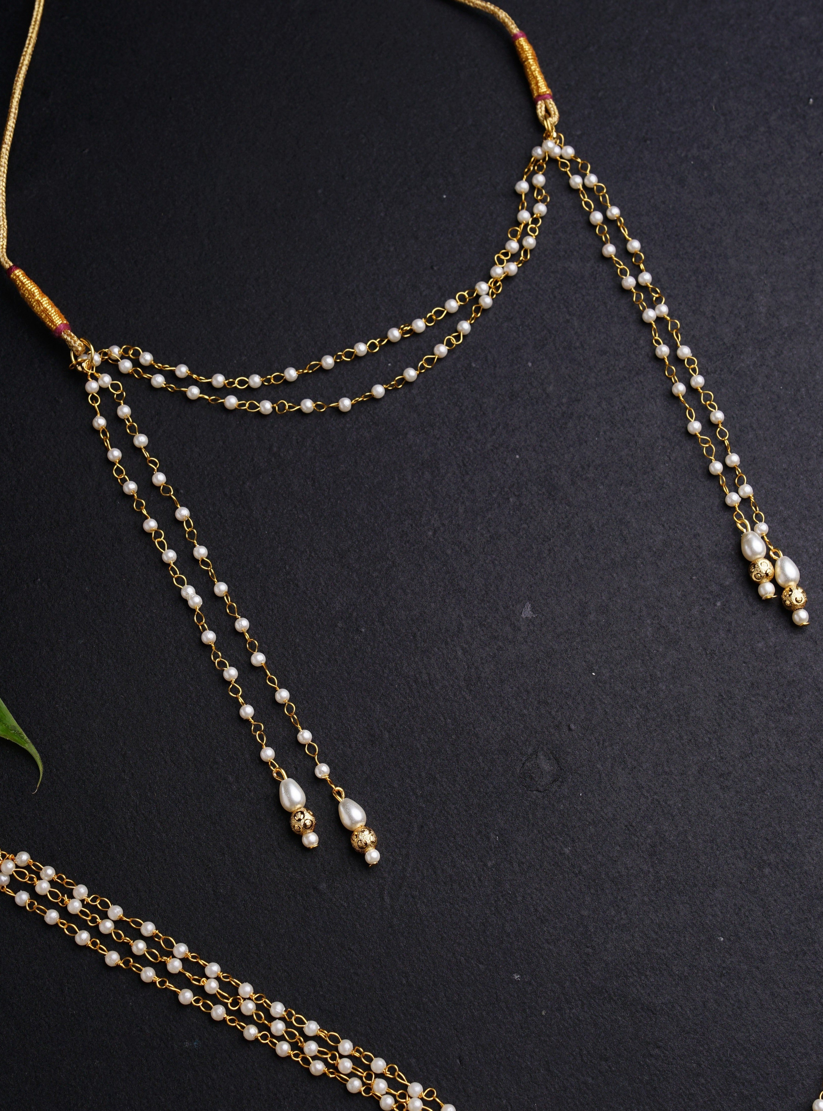 Vratabandha Pearls Accessories Combo with Golden Findings for Batu includes Pearl Bhikbali,Pearl Kanthi,Pearl Mundavalya and Janav. Mundavalya,kanthi,bhikbali,topi,pagdi are boys accessories exclusively designed using Pearls,glass beads,jadau & gold plated findings for Batu,for Upanayan/Vratabandha/munj /thread ceremony.