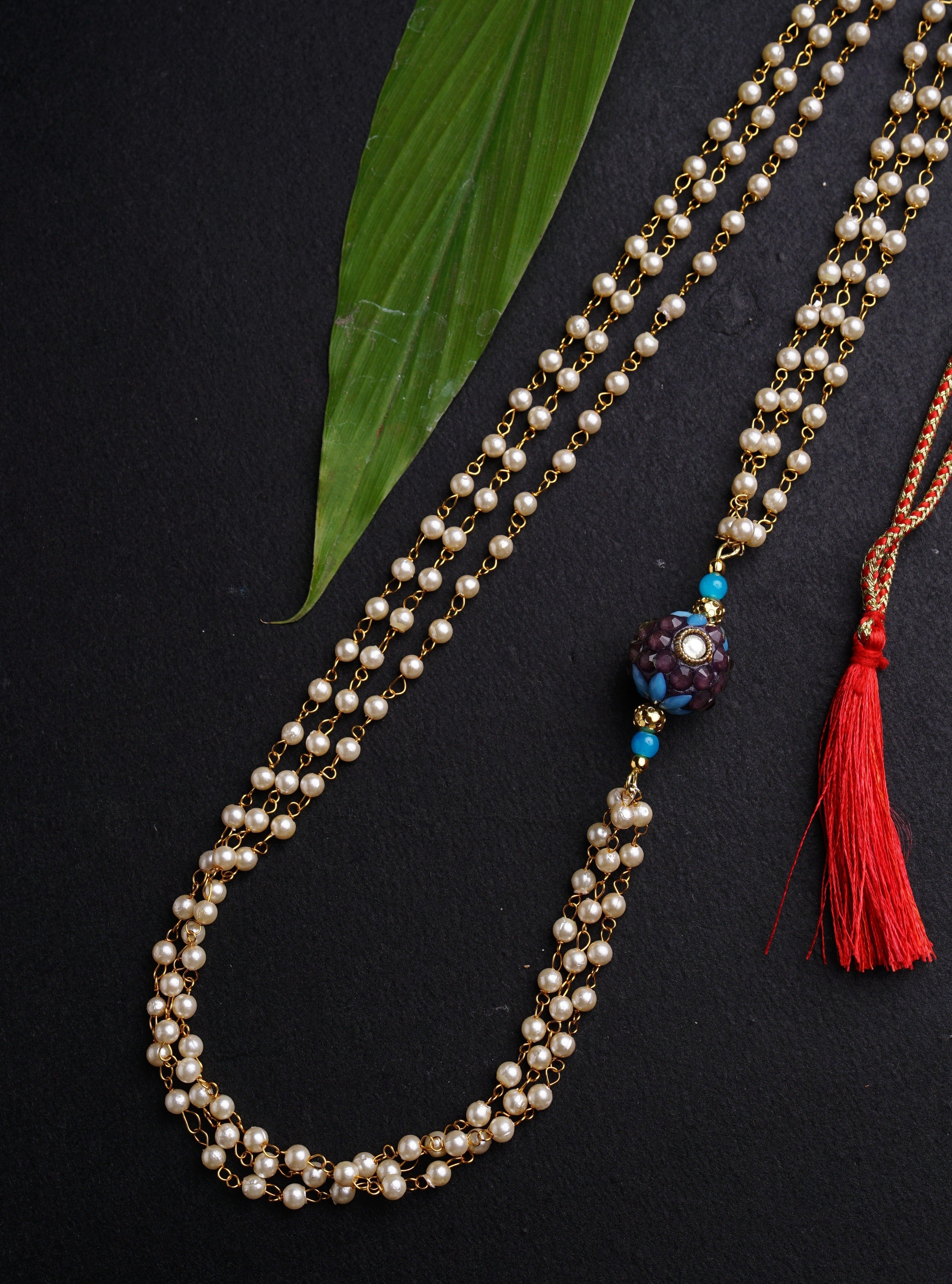 Teal Blue  Round Pachi bead with Pearl Triple Layer Kanthi for Batu.Mundavalya,kanthi,bhikbali,topi,pagdi are boys accessories exclusively designed using Pearls,glass beads,jadau & gold plated findings for Batu,for Upanayan/Vratabandha/munj /thread ceremony.