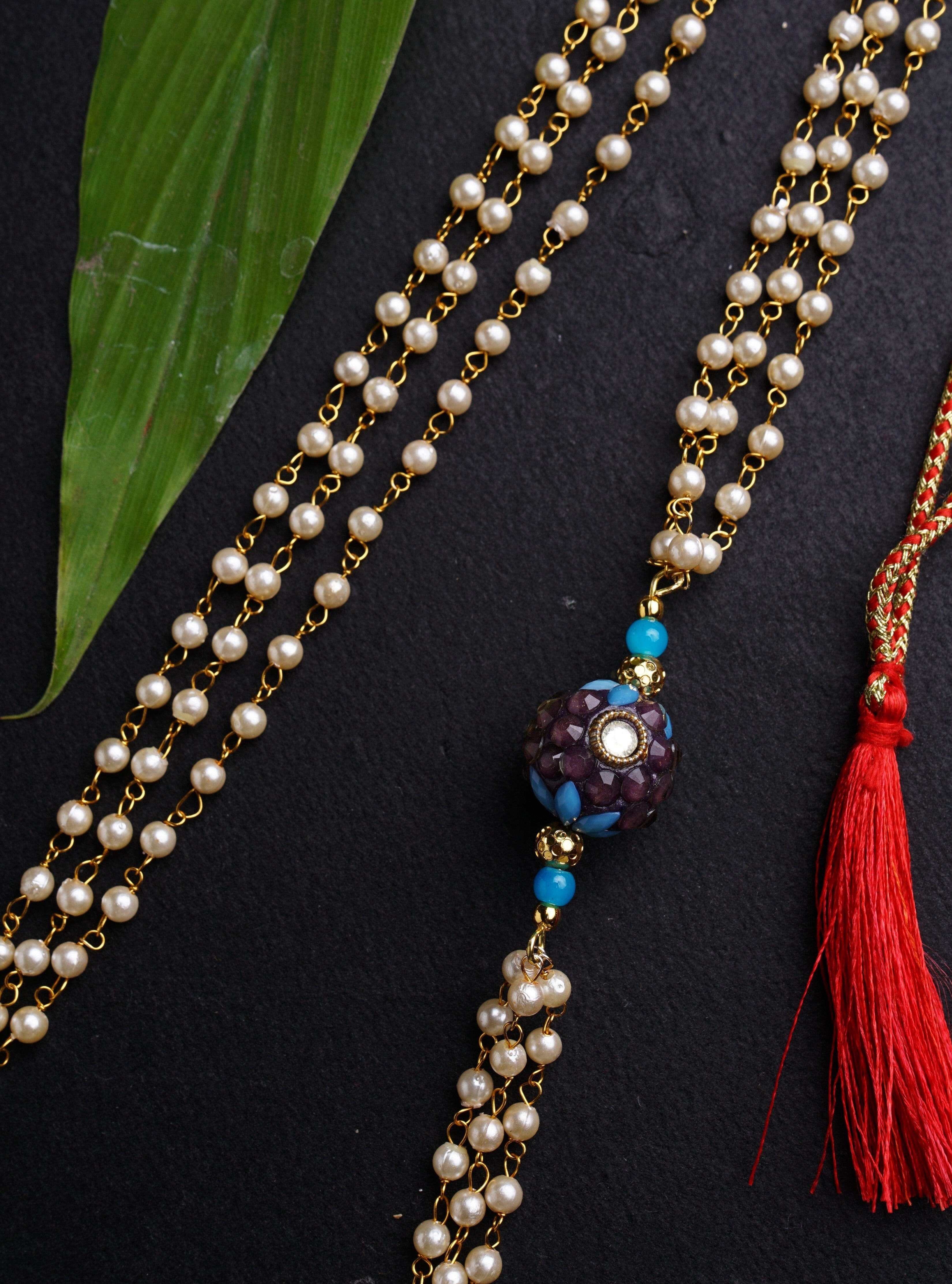 Teal Blue  Round Pachi bead with Pearl Triple Layer Kanthi for Batu.Mundavalya,kanthi,bhikbali,topi,pagdi are boys accessories exclusively designed using Pearls,glass beads,jadau & gold plated findings for Batu,for Upanayan/Vratabandha/munj /thread ceremony.