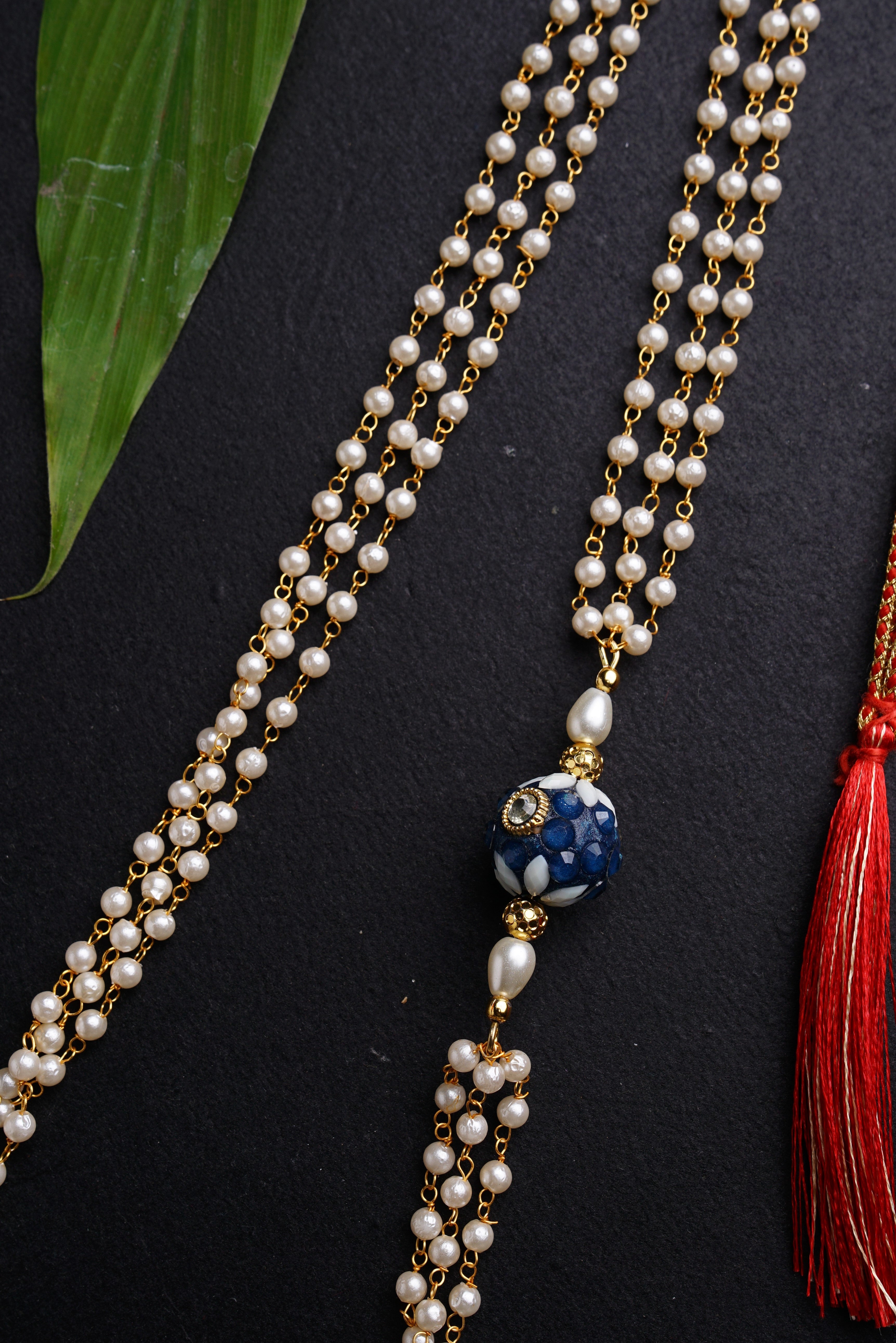 Blue Pachi bead with Pearl Triple Layer Kanthi for Batu.It is worn Batu for Vratabandh/Munj/Upnayan/ Thread Ceremony.Mundavalya,kanthi,bhikbali,topi,pagdi are boys accessories exclusively designed using Pearls,glass beads,jadau & gold plated findings for Batu,for Upanayan/Vratabandha/munj /thread ceremony.