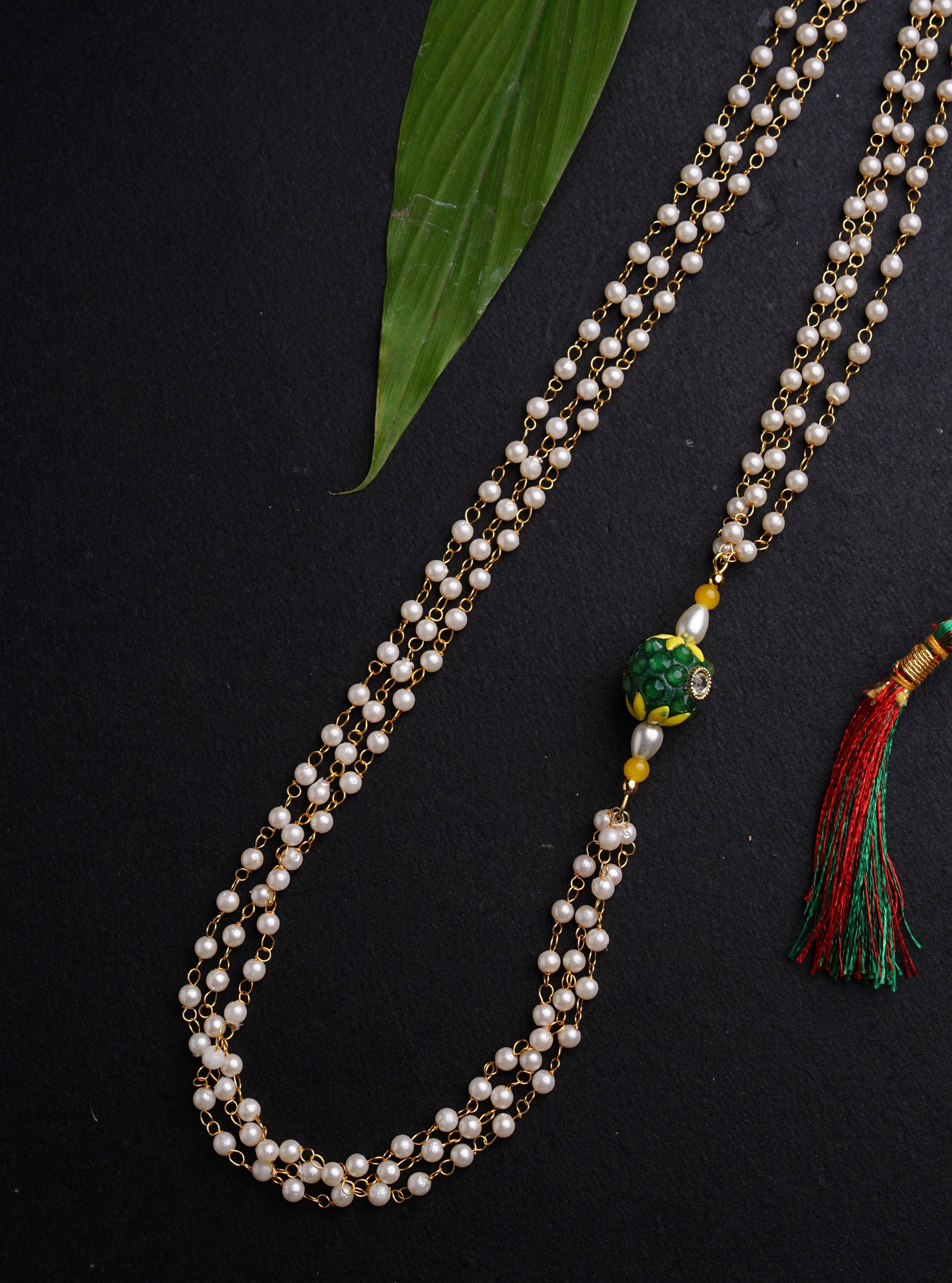 Yellow green Pachi bead with Pearl Triple Layer Kanthi for Batu.Mundavalya,kanthi,bhikbali,topi,pagdi are boys accessories exclusively designed using Pearls,glass beads,jadau & gold plated findings for Batu,for Upanayan/Vratabandha/munj /thread ceremony.