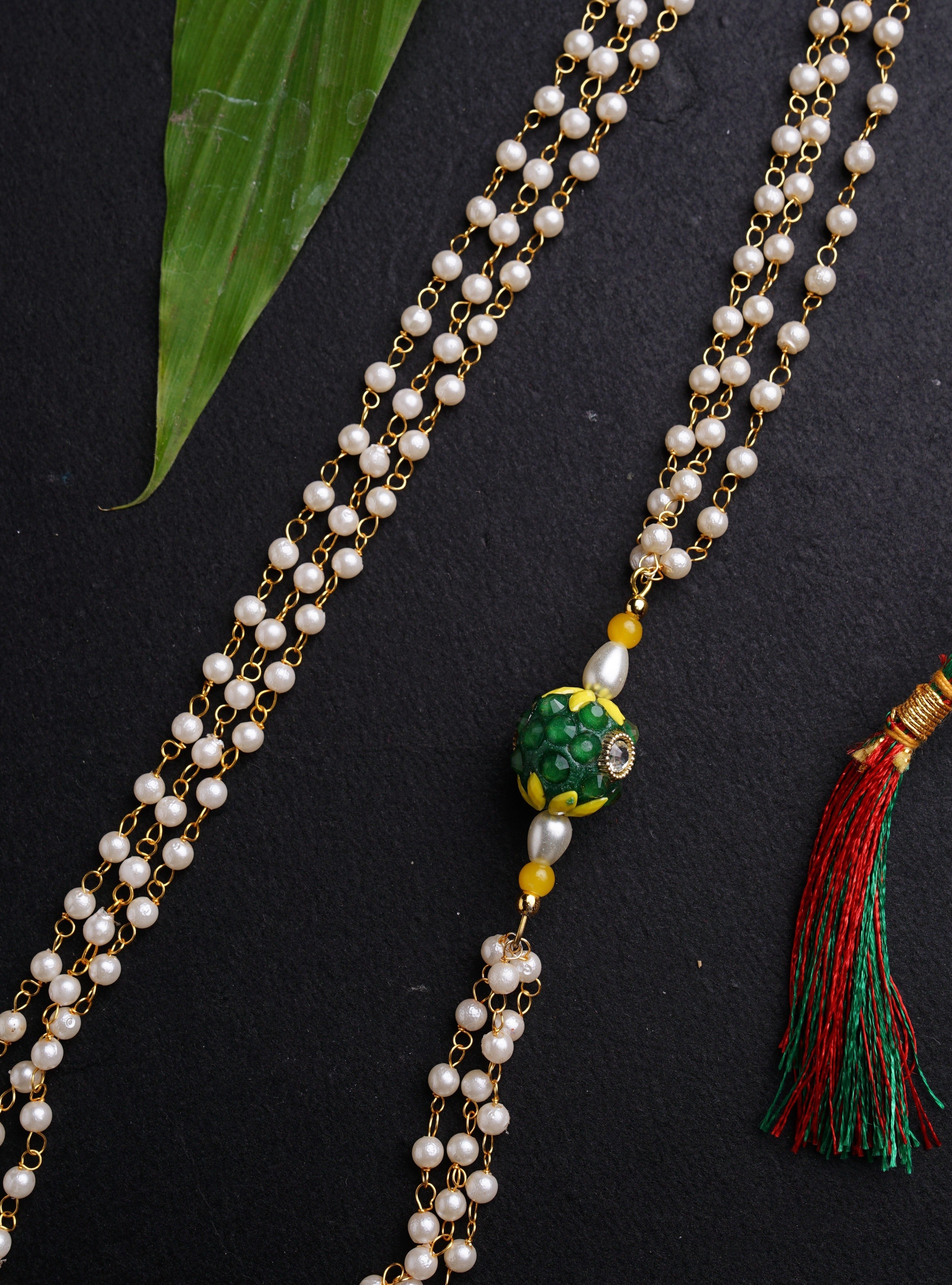 Yellow green Pachi bead with Pearl Triple Layer Kanthi for Batu.Mundavalya,kanthi,bhikbali,topi,pagdi are boys accessories exclusively designed using Pearls,glass beads,jadau & gold plated findings for Batu,for Upanayan/Vratabandha/munj /thread ceremony.