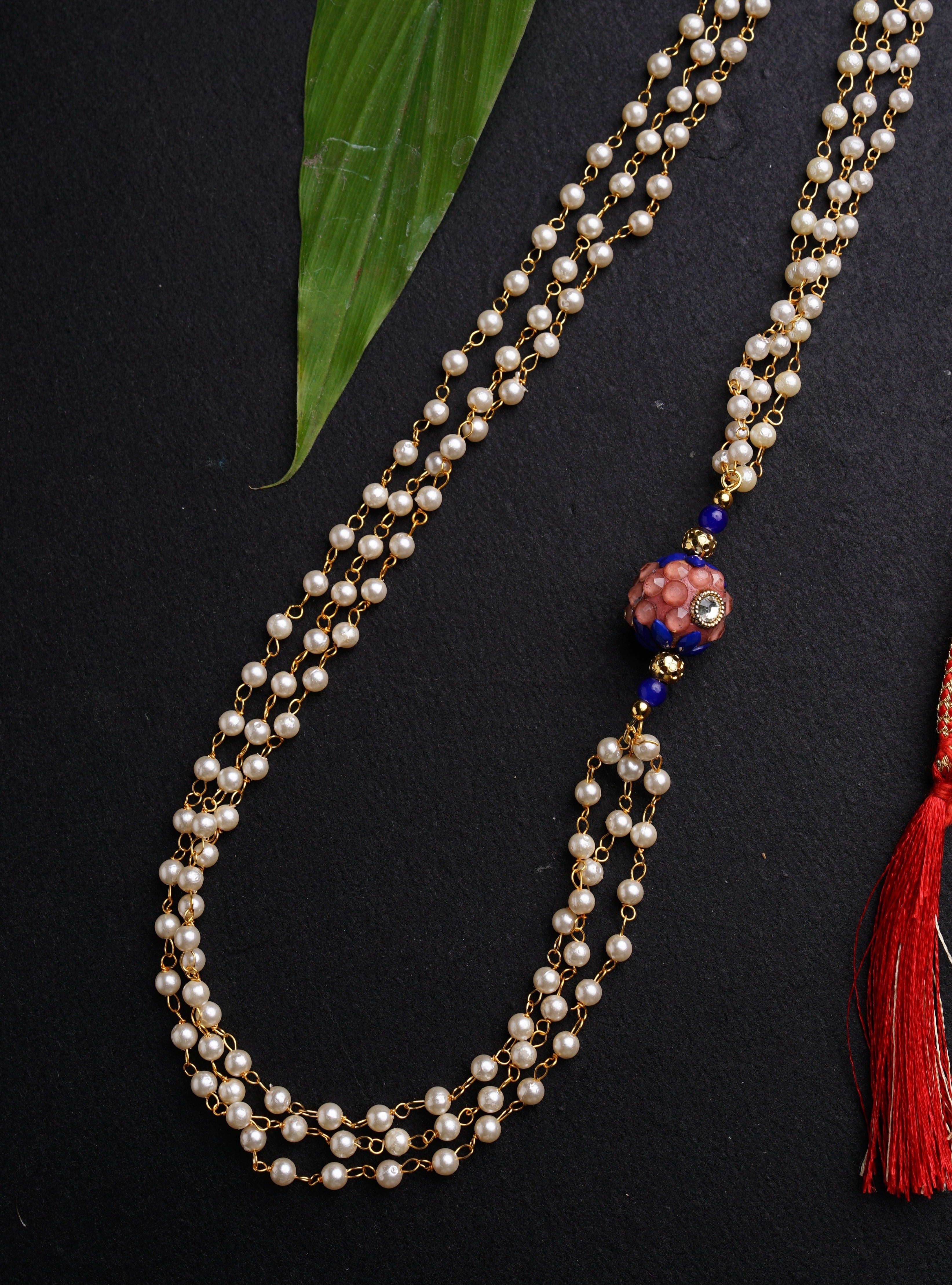 Royal Blue Round Pachi bead with Pearl Triple Layer Kanthi for Batu.Mundavalya,kanthi,bhikbali,topi,pagdi are boys accessories exclusively designed using Pearls,glass beads,jadau & gold plated findings for Batu,for Upanayan/Vratabandha/munj /thread ceremony.