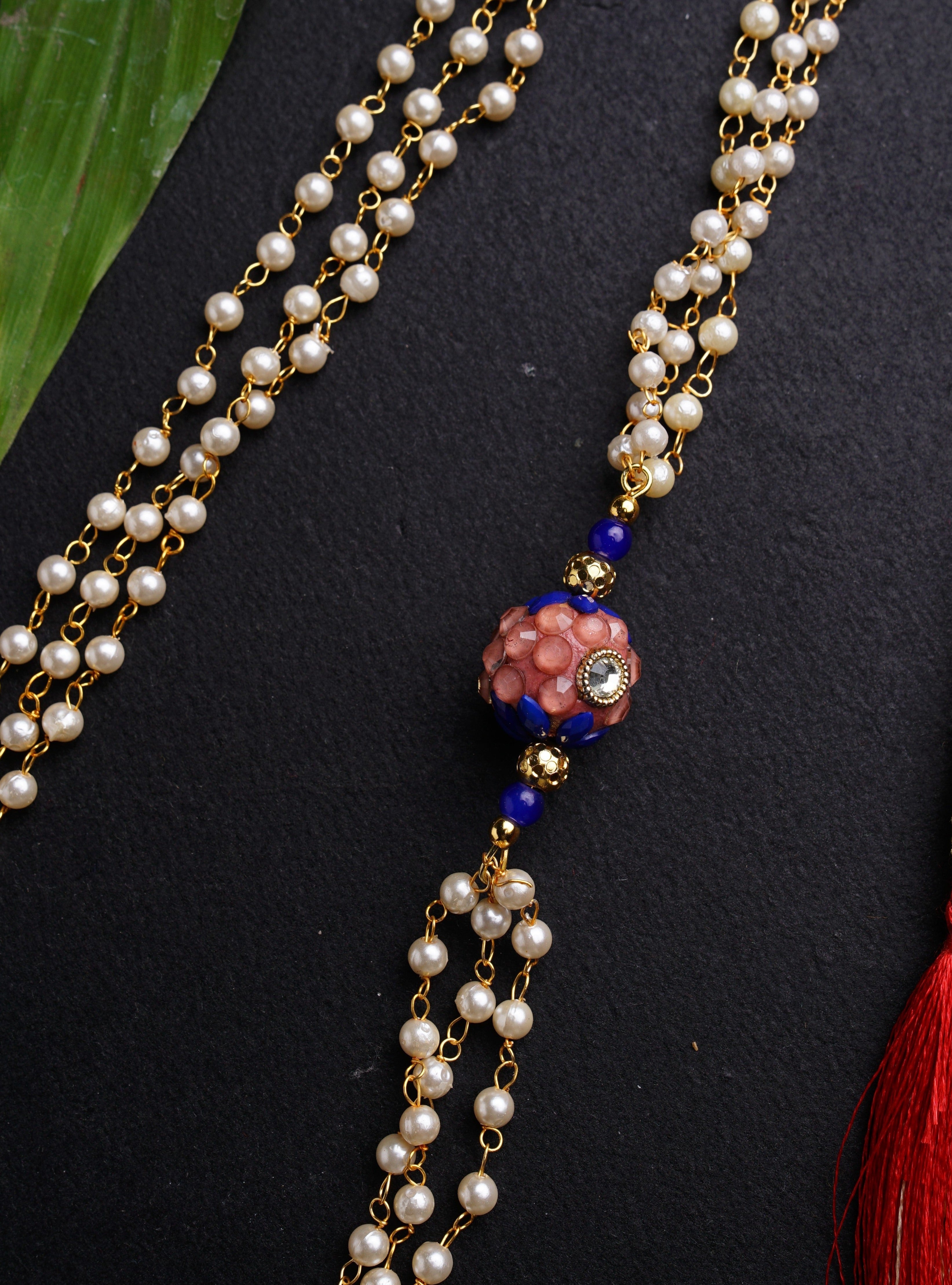Royal Blue Round Pachi bead with Pearl Triple Layer Kanthi for Batu.Mundavalya,kanthi,bhikbali,topi,pagdi are boys accessories exclusively designed using Pearls,glass beads,jadau & gold plated findings for Batu,for Upanayan/Vratabandha/munj /thread ceremony.
